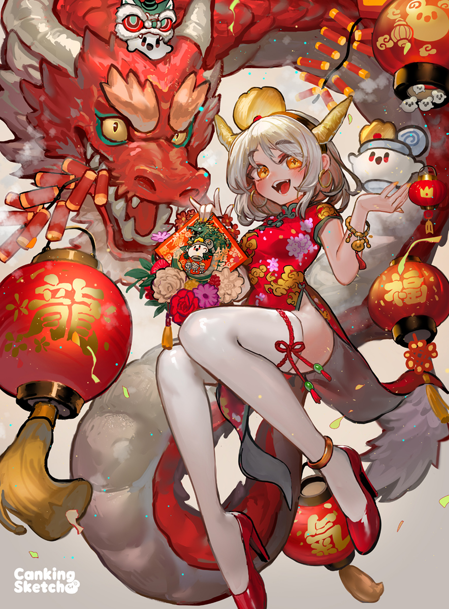 1girl :d animal ass black_hairband breasts canking china_dress chinese_clothes chinese_zodiac commentary_request dragon dress eastern_dragon fake_horns firecrackers floral_print grey_background grey_hair hairband hands_up high_heels highres holding horns knees_together_feet_apart lantern looking_at_viewer orange_hair original paper_lantern parted_bangs pelvic_curtain print_dress red_dress red_footwear shoes short_sleeves small_breasts smile solo thick_eyebrows thighhighs white_thighhighs year_of_the_dragon