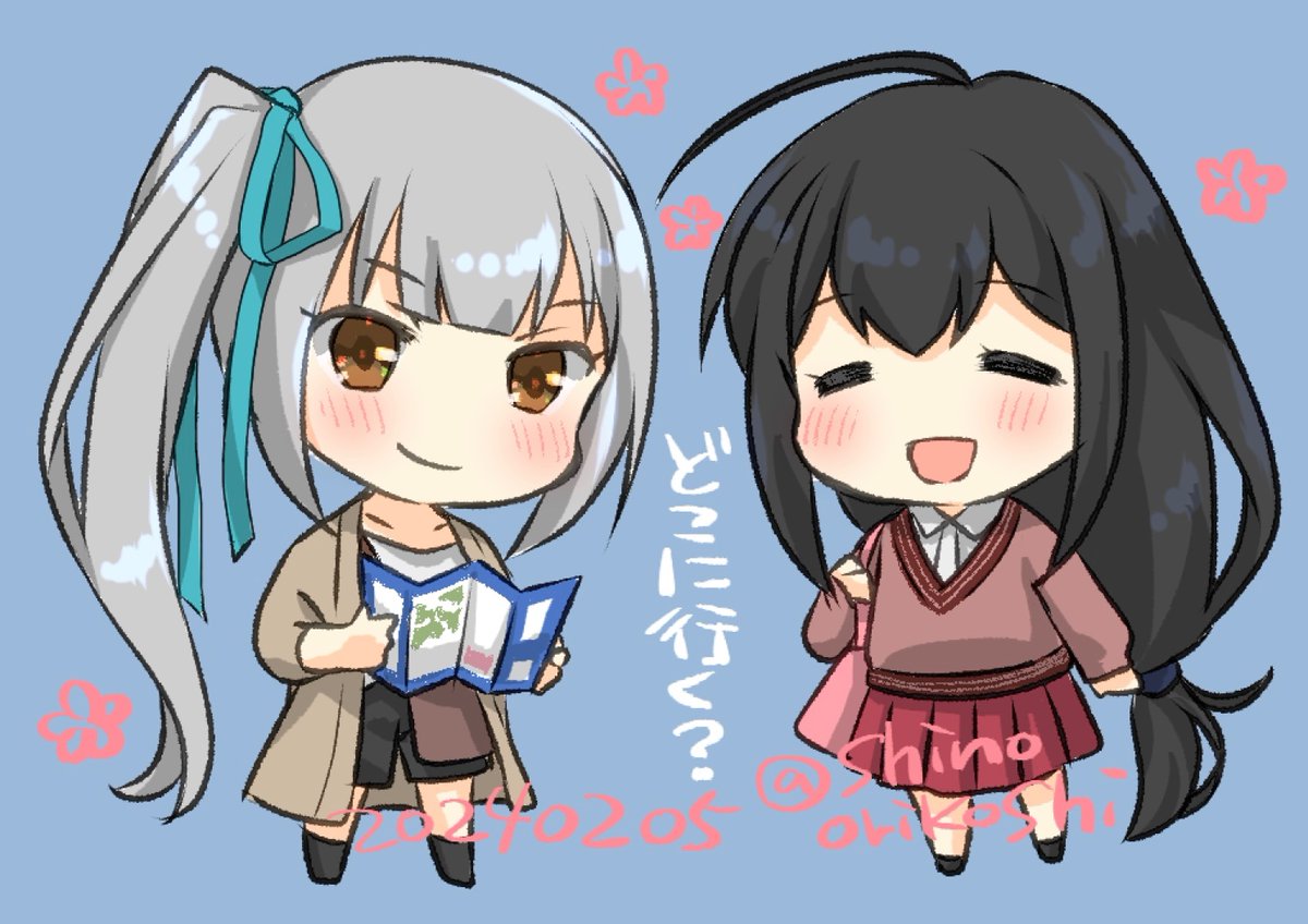 2girls ahoge alternate_costume aqua_ribbon black_hair black_shorts blue_background blunt_bangs brown_coat brown_eyes brown_sweater chibi closed_eyes coat commentary_request dated hatsushimo_(kancolle) kantai_collection kasumi_(kancolle) long_hair low-tied_long_hair map_(object) multiple_girls official_alternate_costume orikoshi_shino pleated_skirt red_skirt ribbon shirt shorts side_ponytail simple_background skirt sweater twitter_username white_shirt