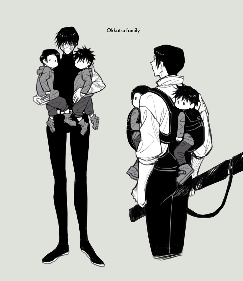 1girl 3boys baby_carry burn_scar carrying carrying_multiple_people child family greyscale_with_colored_background holding holding_sword holding_weapon hood hoodie if_they_mated jujutsu_kaisen light_brown_background long_sleeves merushii_(raynyhigher) multiple_boys okkotsu_yuuta scar sheath sheathed short_hair simple_background spoilers sword weapon zen'in_maki