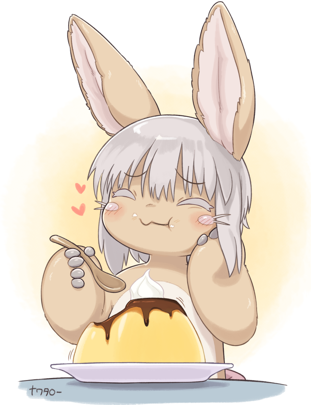 &lt;3 2022 ambiguous_gender anthro blush brown_body brown_fur clothed clothing cutlery dessert eating eating_food eyes_closed food fur grey_hair hair hand_on_cheek happy hi_res holding_object holding_spoon kemono kitchen_utensils lagomorph made_in_abyss mammal multicolored_body multicolored_fur nanachi narehate nawa plate pudding signature simple_background smile solo spoon tan_body tan_fur tools topless two_tone_body two_tone_fur whiskers wooden_spoon