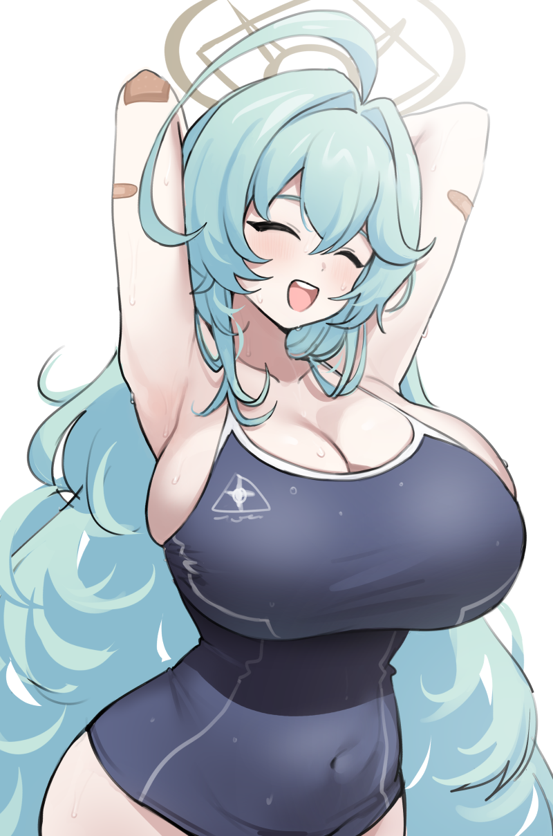1girl ahoge armpits arms_behind_head arms_up bandaid bandaid_on_arm blue_archive blue_hair blue_one-piece_swimsuit breasts cleavage closed_eyes competition_school_swimsuit covered_navel hair_between_eyes hair_intakes halo highres jorin large_breasts light_blue_hair light_blush long_hair one-piece_swimsuit open_mouth school_swimsuit simple_background smile solo swimsuit teeth upper_teeth_only very_long_hair wet wet_clothes wet_swimsuit white_background yume_(blue_archive)