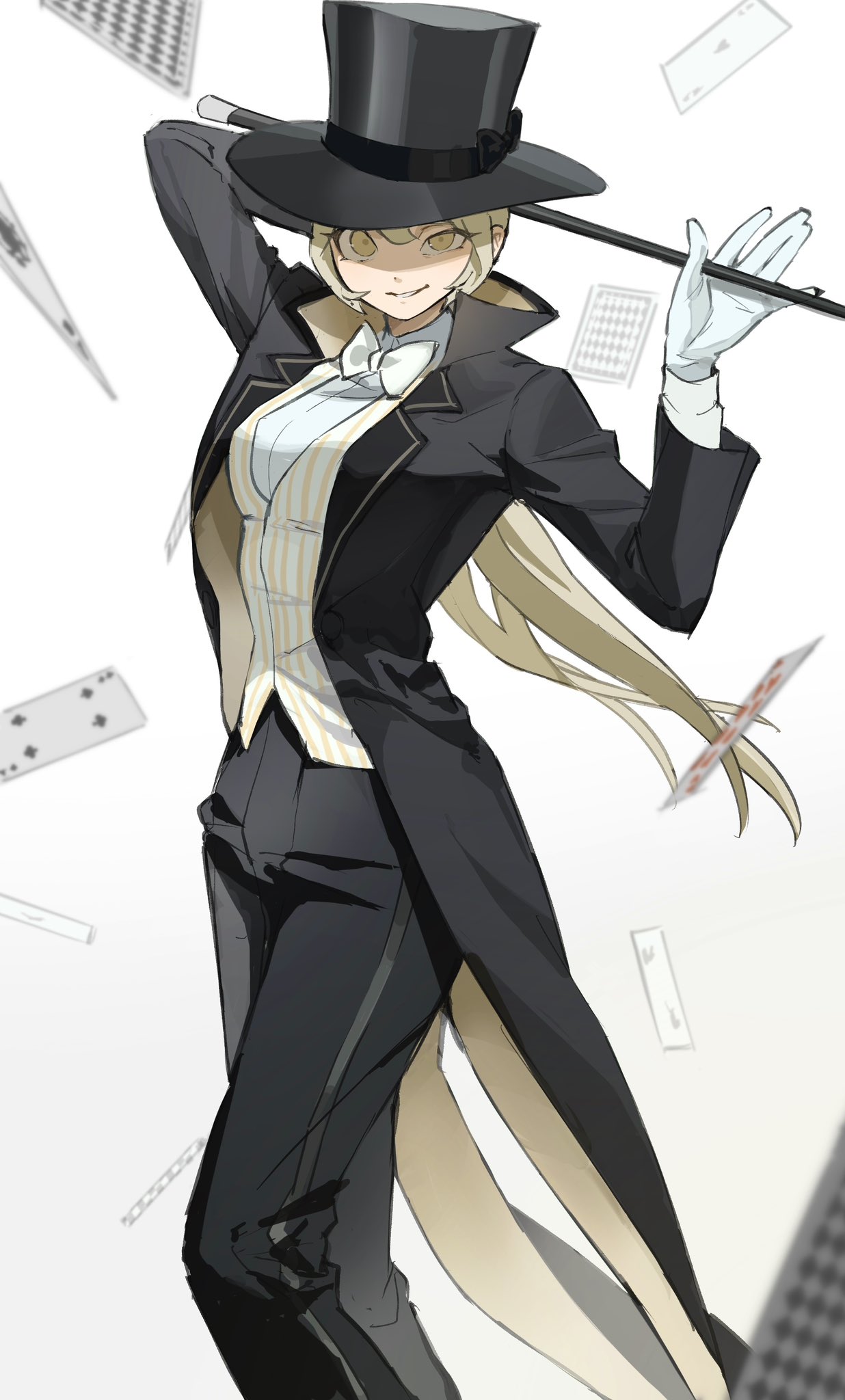 1girl black_headwear black_pants black_suit blonde_hair bow bowtie card commentary cowboy_shot gloves hair_between_eyes hat highres kimura_731 long_hair looking_at_viewer original pants simple_background smile solo standing suit symbol-only_commentary top_hat white_bow white_bowtie white_gloves yellow_eyes