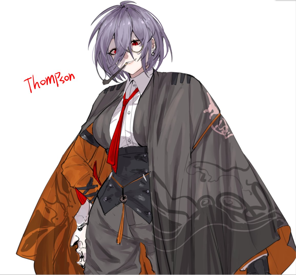 1girl bisaytin cloak collared_shirt cowboy_shot earrings girls'_frontline hair_between_eyes jewelry monocle necktie official_alternate_costume parted_lips purple_hair red_eyes red_necktie shirt short_hair smile smoking_pipe solo thompson_(girls'_frontline) thompson_(infernal_hannya)_(girls'_frontline) white_background white_shirt