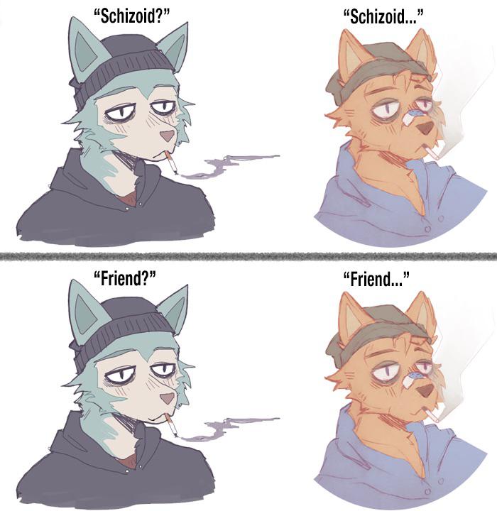 adhesive_bandage anthro band-aid bandage beastars black_clothing black_hoodie black_topwear blue_body blue_fur canid canine canis cigarette clothing disappointed doomer_(meme) doomer_wojak friends fur happy happy_ending hat headgear headwear hoodie legoshi_(beastars) male mammal meme nose_bandage poppa_(poppaboi) sad smoke smoking smoking_cigarette solo text topwear unknown_artist upset wolf