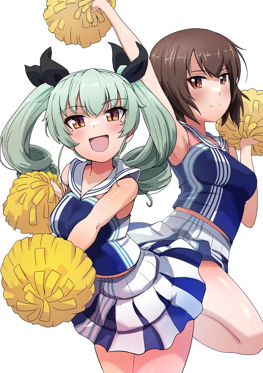 anchovy_(girls_und_panzer) armpits blush breasts brown_eyes brown_hair buchikaki cheerleader closed_mouth drill_hair girls_und_panzer green_hair hair_ribbon highres large_breasts looking_at_viewer miniskirt nishizumi_maho open_mouth pom_pom_(cheerleading) ribbon short_hair simple_background skirt smile twin_drills twintails white_background yellow_eyes