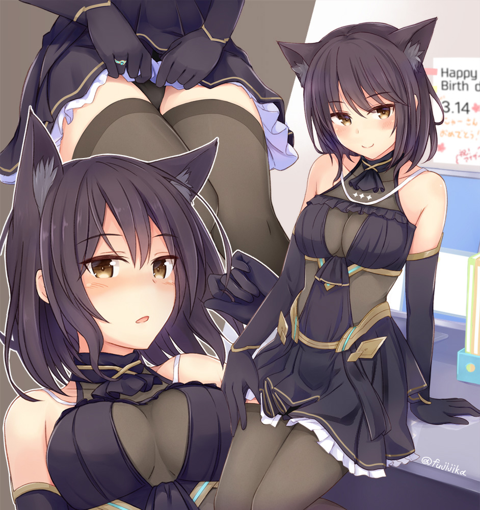 1girl alice_gear_aegis animal_ear_fluff animal_ears arm_support bangs black_dress black_gloves black_hair black_legwear black_panties blush breasts breasts_apart brown_eyes cat_ears cat_girl closed_mouth clothes_lift dress dress_lift elbow_gloves eyebrows_visible_through_hair fuji_kakei gloves hair_between_eyes lifted_by_self long_hair medium_breasts niiya_serina open_mouth panties short_dress sleeveless sleeveless_dress smile thighhighs twitter_username underwear