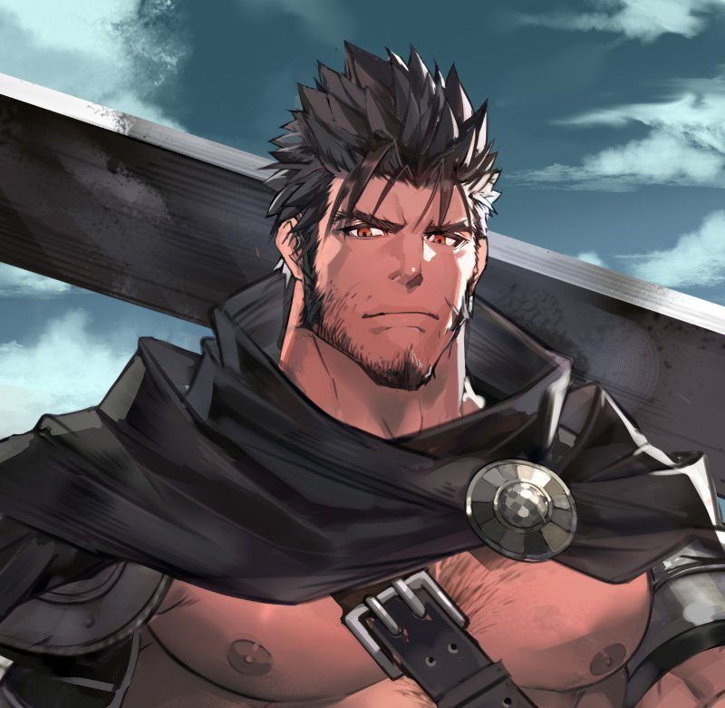 1boy bara beard black_hair body_hair cape chest_hair close-up facial_hair large_pectorals long_sideburns male_focus manly muscular muscular_male nikism nipples original pectoral_cleavage pectorals red_eyes shoulder_pads sideburns solo spiked_hair sword swordman weapon