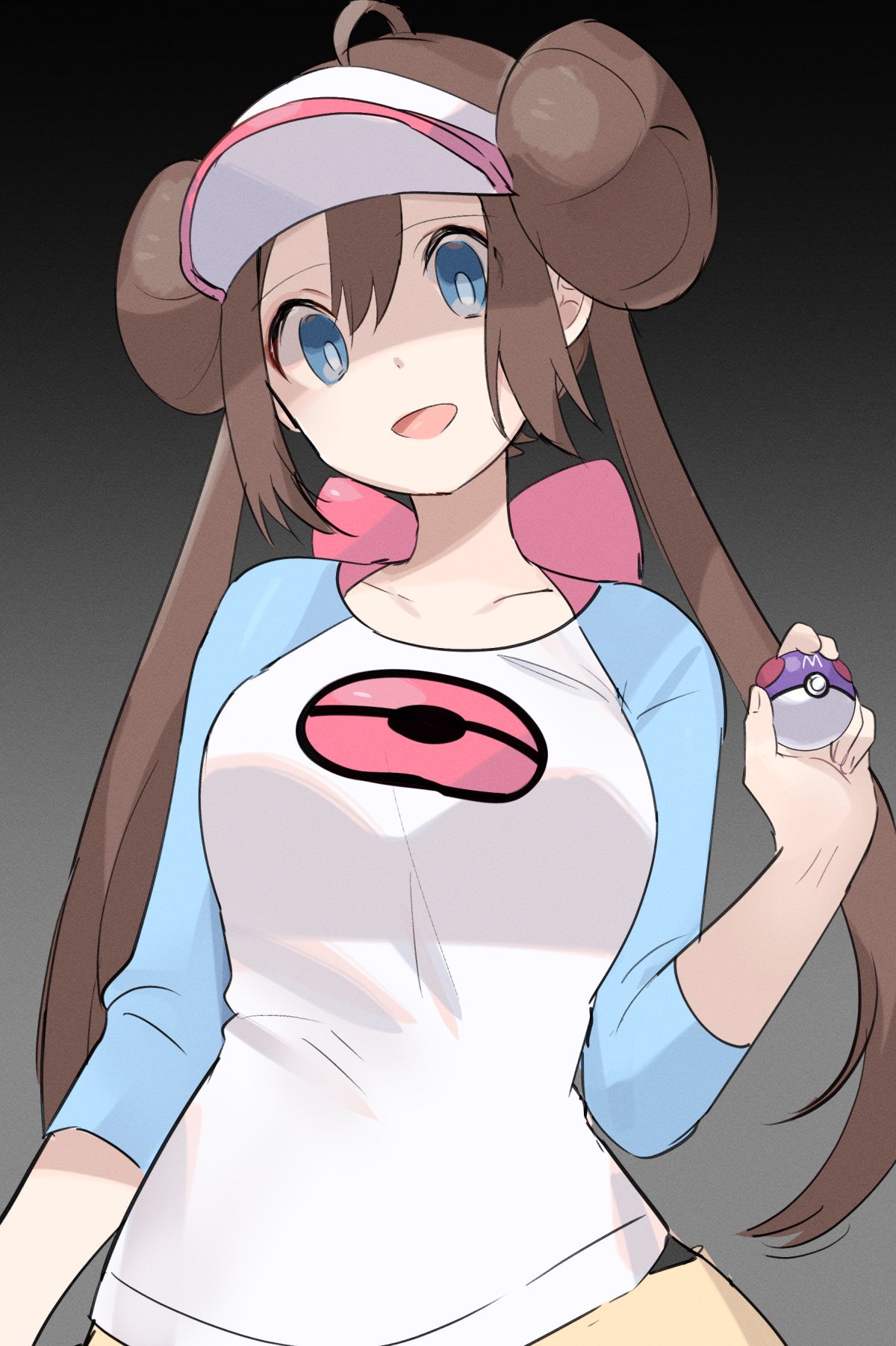 1girl bangs blue_eyes bow breasts bright_pupils brown_hair collarbone commentary_request double_bun gradient gradient_background hand_up highres holding holding_poke_ball long_hair looking_at_viewer master_ball open_mouth pink_bow poke_ball pokemon pokemon_(game) pokemon_bw2 raglan_sleeves ririmon rosa_(pokemon) shirt shorts sidelocks sleeves_past_elbows smile solo twintails upper_body visor_cap yellow_shorts