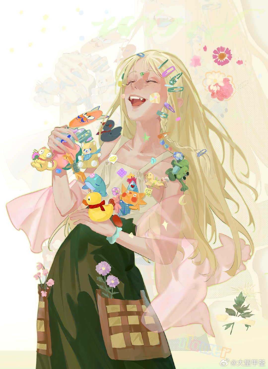 1girl bare_arms blonde_hair camisole closed_eyes collarbone cowboy_shot crescent daxing_jia_quan english_text flower green_pants hair_ornament hairclip highres holding holding_toy jacket laughing long_hair open_mouth original pants pink_flower pink_jacket purple_flower rubber_duck see-through see-through_jacket sidelocks solo standing star_(symbol) stuffed_animal stuffed_toy teddy_bear teeth toy upper_teeth_only weibo_logo weibo_username white_camisole yellow_background zoom_layer