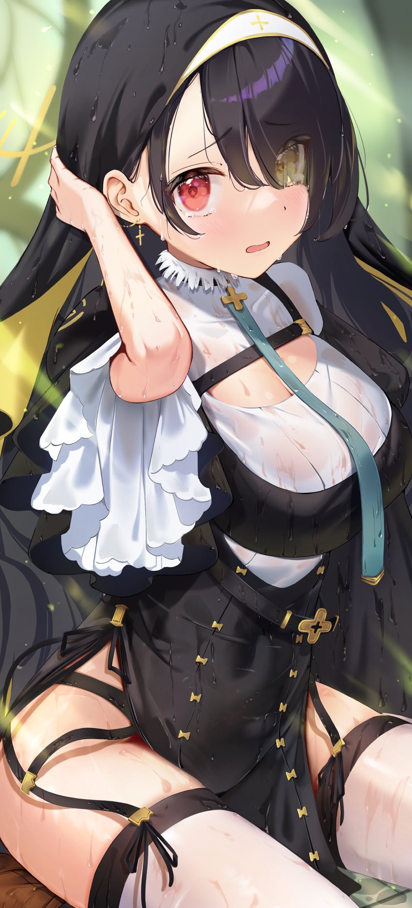 1girl black_dress black_hair blue_archive blurry blurry_background blush breasts cleavage_cutout clothing_cutout coif commentary_request cross cross_earrings dress earrings eyes_visible_through_hair frilled_sleeves frills furrowed_brow garter_belt habit hair_over_one_eye halo hand_up highres hinata_(blue_archive) jewelry large_breasts light_blush long_hair looking_at_viewer nosuke_tmg nun parted_lips pelvic_curtain red_eyes sitting solo tearing_up thighhighs wet wet_clothes wet_dress white_thighhighs yellow_halo