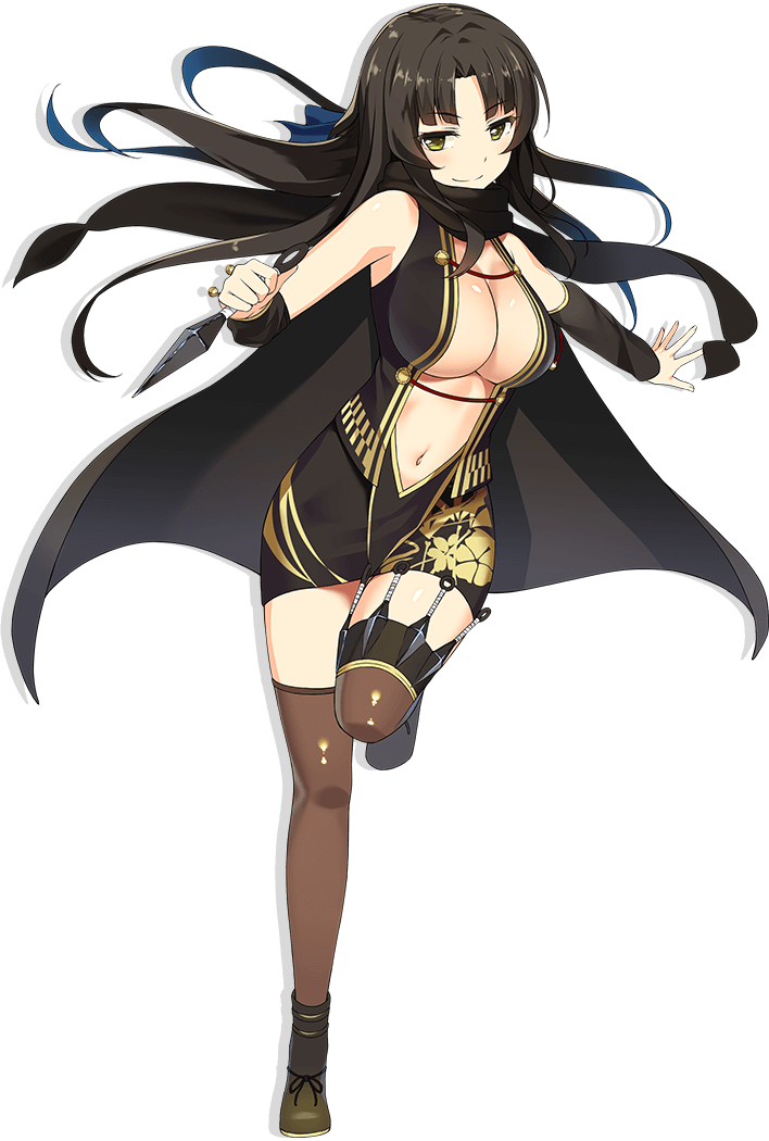 1girl bare_shoulders black_hair blue_bow bow breasts brown_footwear cape cleavage closed_mouth detached_sleeves full_body green_eyes hair_bow holding holding_weapon kunai large_breasts light_blush long_hair looking_at_viewer moe!_ninja_girls navel ninja official_art outstretched_arm parted_bangs revealing_clothes saion-ji_enju shoes simple_background smile solo standing standing_on_one_leg stomach thighhighs thighs transparent_background very_long_hair weapon zettai_ryouiki