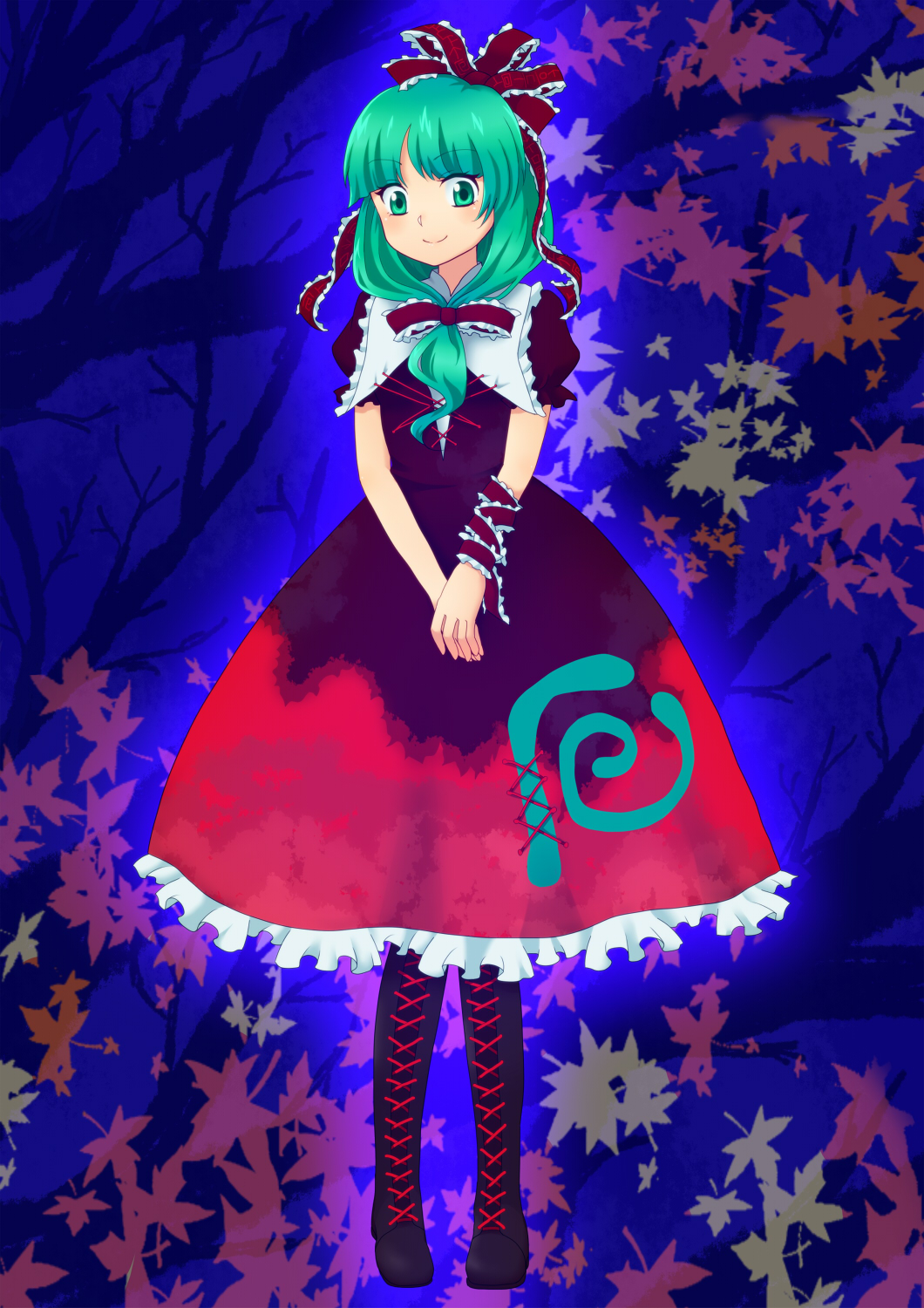 1girl arm_ribbon black_footwear boots bow cross-laced_footwear dress frilled_dress frilled_ribbon frilled_sleeves frills front_ponytail full_body green_eyes green_hair hair_bow hair_ribbon highres kagiyama_hina leaf looking_at_viewer maple_leaf maruboshi_urume mountain_of_faith puffy_short_sleeves puffy_sleeves red_bow red_dress red_ribbon ribbon short_sleeves smile solo standing touhou two-tone_dress