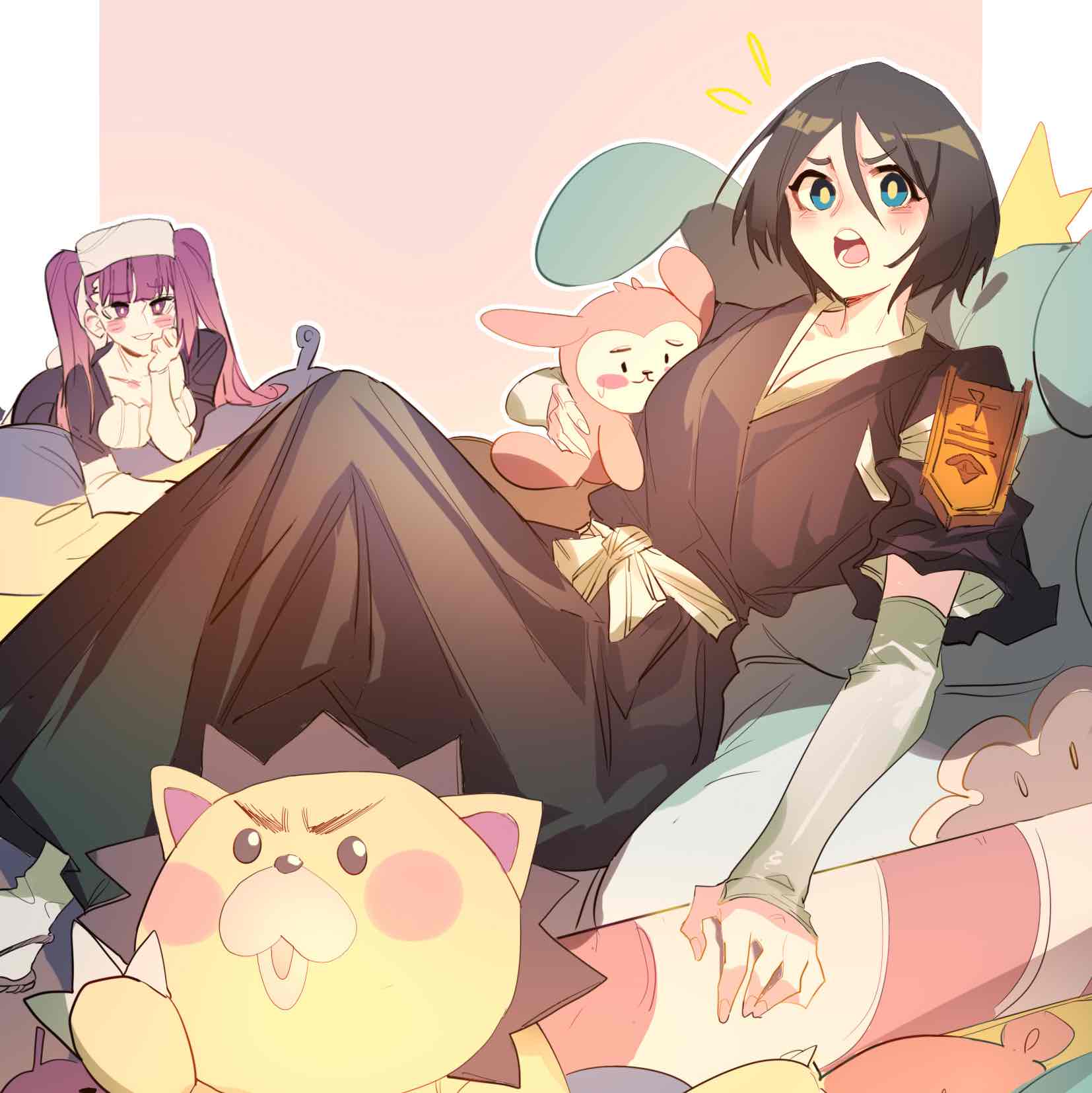 1boy 2girls badge black_hair black_hakama bleach blue_eyes blush bright_pupils collarbone dokugamine_riruka embarrassed fukutaichou_badge fur_hat hair_between_eyes hakama hat highres holding holding_stuffed_toy japanese_clothes kon_(bleach) kuchiki_rukia lonely_(3296659205) long_hair looking_at_another looking_at_viewer lying multiple_girls open_mouth pink_eyes pink_hair sash shihakusho shinigami short_hair simple_background smile stuffed_animal stuffed_lion stuffed_rabbit stuffed_toy sweat tabi twintails ushanka waraji white_sash