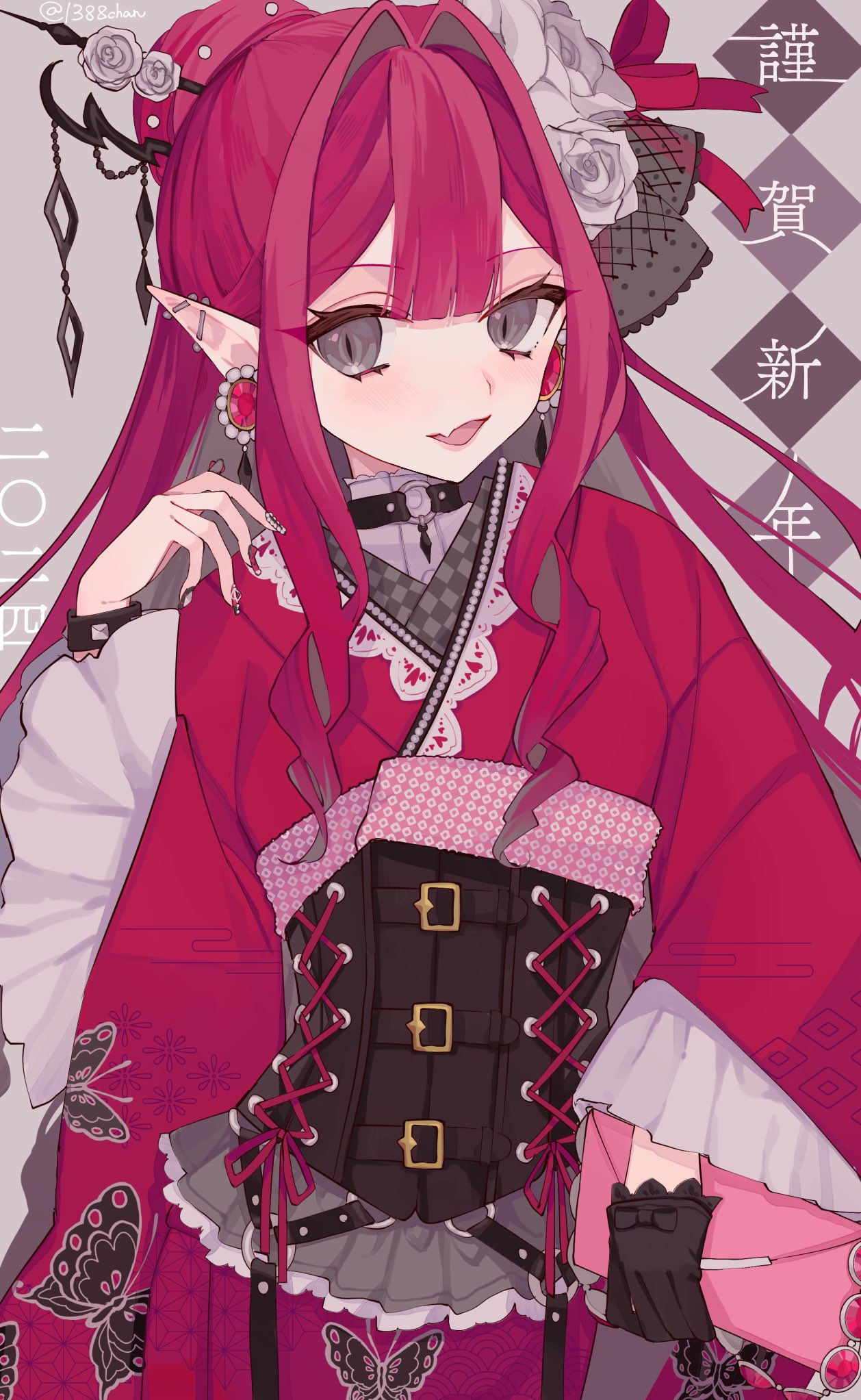 1388chan 1girl animal_print baobhan_sith_(fate) blush butterfly_print ear_piercing earrings fang fate/grand_order fate_(series) flower gloves grey_background grey_eyes hair_bun hair_flower hair_ornament hair_stick hand_up highres japanese_clothes jewelry kimono nail_polish open_mouth piercing pink_hair pointy_ears red_kimono single_glove skin_fang smile solo text_background underbust wide_sleeves wrist_cuffs
