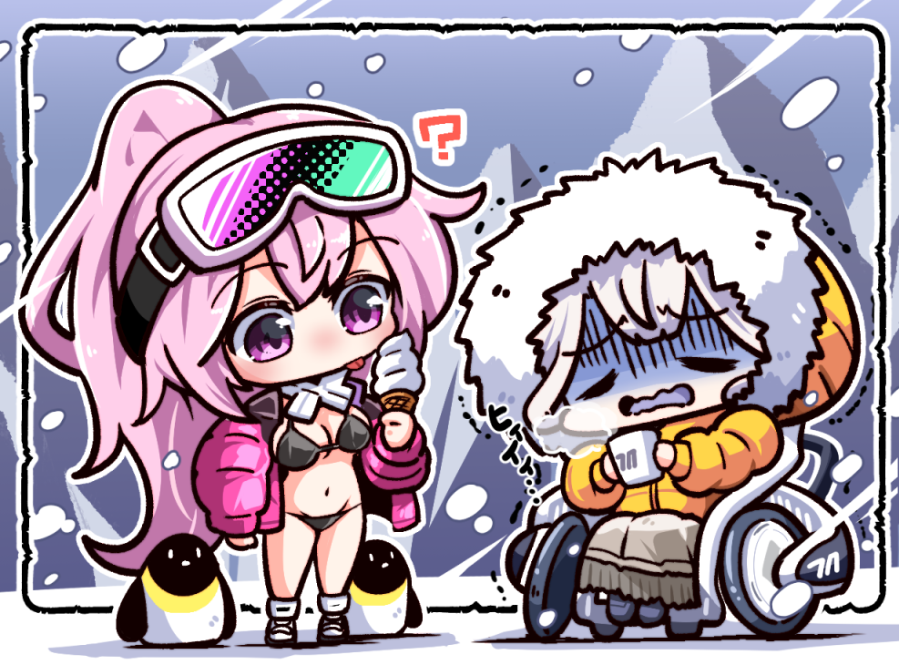 2girls ? bikini bird black_bikini blue_archive boots breasts cleavage closed_eyes closed_mouth coat commentary cup eimi_(blue_archive) eimi_(swimsuit)_(blue_archive) food full_body fur-trimmed_coat fur_trim goggles goggles_on_head groin himari_(blue_archive) holding holding_cup holding_food hood hood_up hooded_coat ice_cream jacket kado_(hametunoasioto) large_breasts licking long_hair long_skirt long_sleeves looking_at_another mountainous_horizon multiple_girls navel no_halo official_alternate_costume open_clothes open_jacket outdoors padded_jacket penguin pink_eyes pink_hair pink_jacket ponytail powered_wheelchair scarf sitting ski_goggles skirt snowing soft_serve standing stomach swimsuit trembling turn_pale wheelchair white_hair white_scarf wind winter_clothes winter_coat yellow_coat
