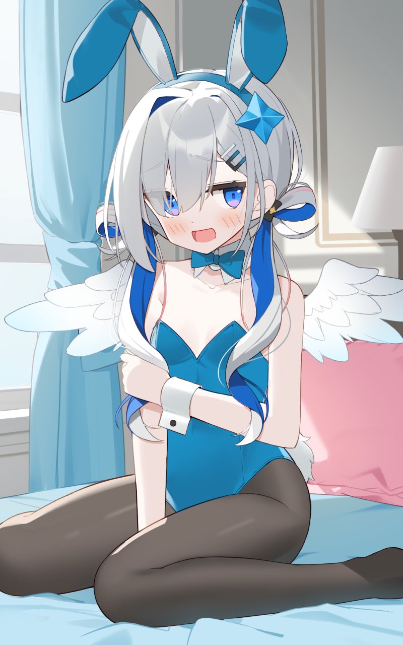 1girl alternate_costume alternate_hairstyle amane_kanata angel angel_wings animal_ear_hairband animal_ears arm_between_legs armpit_crease averting_eyes bare_shoulders between_legs black_pantyhose blue_bow blue_bowtie blue_eyes blue_hair blue_hairband blue_leotard blush bow bowtie colored_inner_hair commentary_request curtains detached_collar dot_nose embarrassed eyes_visible_through_hair fake_animal_ears fake_tail feathered_wings flat_chest grey_hair hair_ornament hair_over_one_eye hair_over_shoulder hair_rings hairband hairclip hand_between_legs highres holding_own_arm hololive indoors lamp leotard looking_to_the_side low_twintails multicolored_hair on_bed open_mouth pantyhose pink_pillow playboy_bunny purple_eyes rabbit_ear_hairband rabbit_ears rabbit_tail sidelighting sideways_glance single_hair_intake sitting solo star_(symbol) star_hair_ornament strapless strapless_leotard sunlight swept_bangs tail thighs twintails two-tone_eyes two-tone_hair virtual_youtuber wariza white_wings window wings wrist_cuffs yoru_no_yayoi