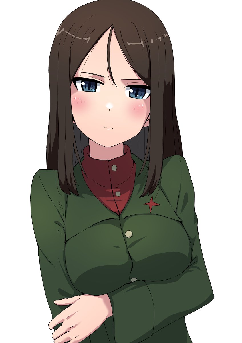 1girl black_hair blue_eyes blush breasts buchikaki expressionless girls_und_panzer highres large_breasts long_hair looking_at_viewer military_uniform nonna_(girls_und_panzer) pravda_military_uniform simple_background solo uniform upper_body white_background