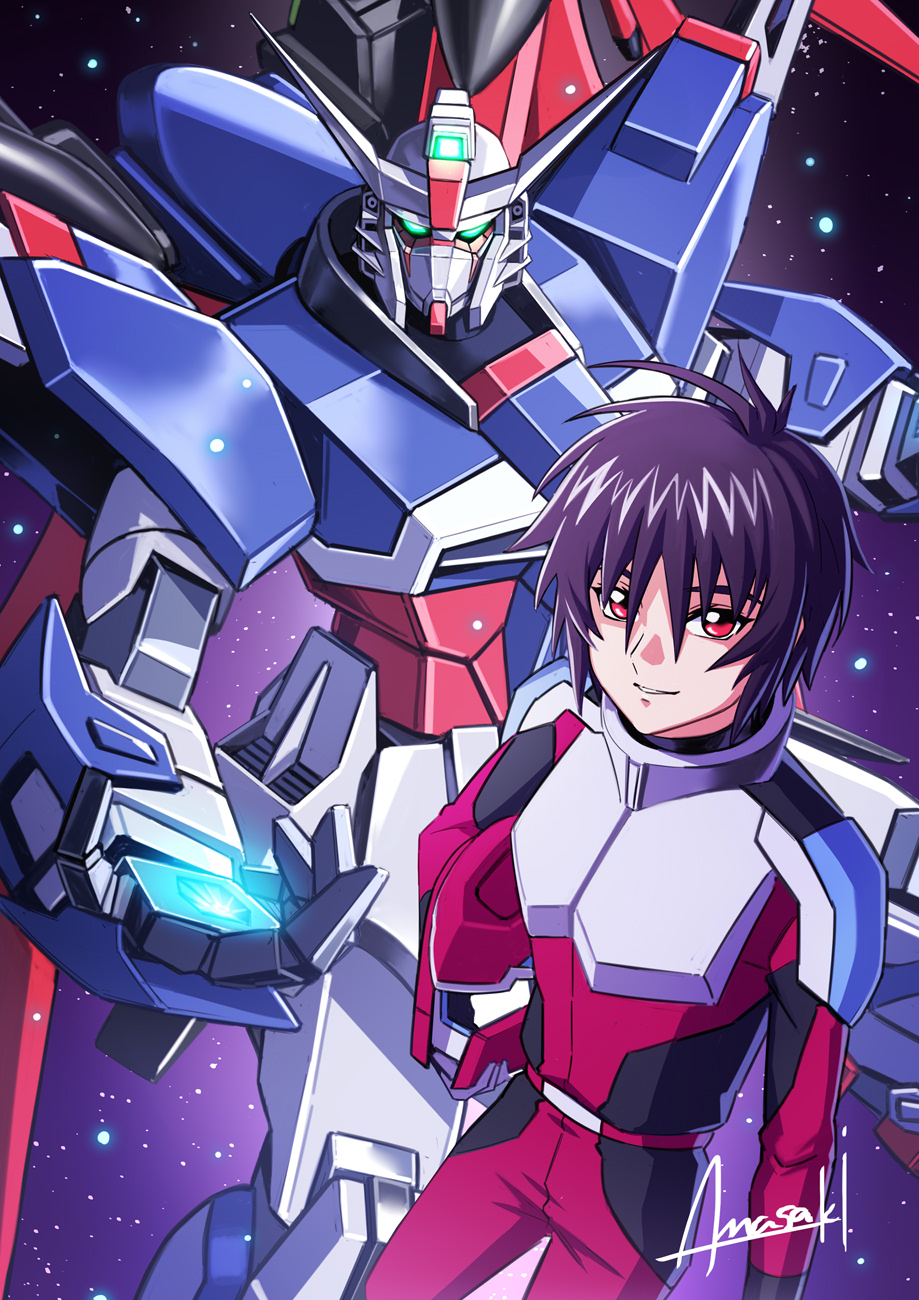 1boy amasaki_yusuke black_hair commentary destiny_gundam_spec_ii glowing glowing_hand green_eyes gundam gundam_seed gundam_seed_destiny gundam_seed_freedom helmet highres holding holding_helmet light_particles looking_at_viewer mecha mobile_suit pilot_suit red_eyes robot shinn_asuka short_hair signature smile upper_body v-fin