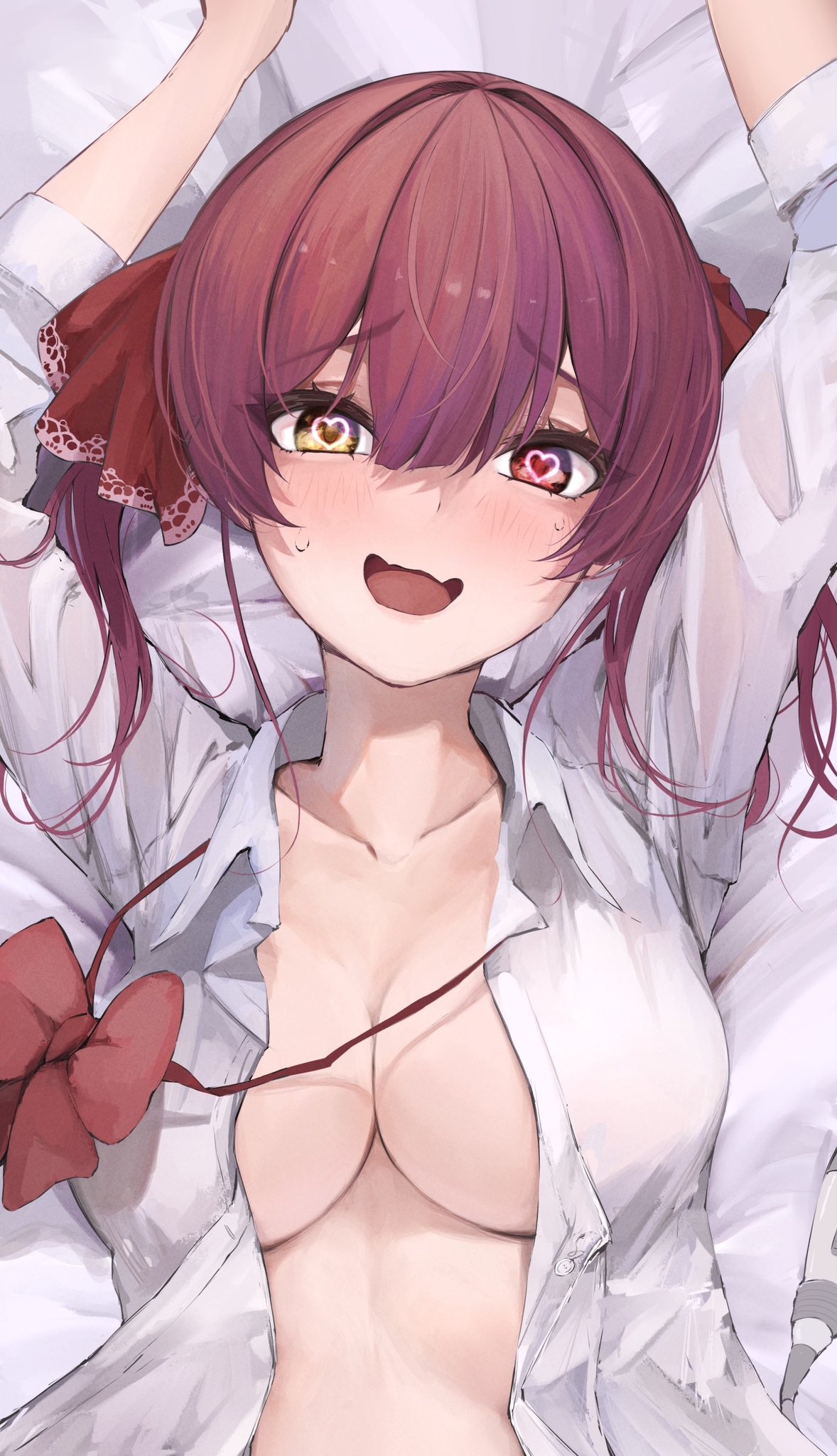 1girl alternate_costume arms_up bed blush bow bowtie breasts cleavage heart heart-shaped_pupils highres hololive houshou_marine large_breasts long_hair nervous open_clothes open_mouth open_shirt red_eyes red_hair samu_(sam_deg369) shirt solo symbol-shaped_pupils virtual_youtuber white_shirt yellow_eyes