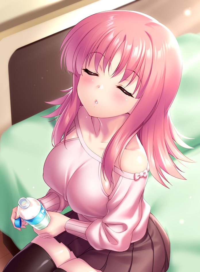 1girl backlighting bare_shoulders black_thighhighs blush bottle breasts brown_skirt closed_eyes collarbone commentary_request commission cowboy_shot facing_viewer hair_between_eyes holding holding_bottle indoors kouno_harumi large_breasts lips long_hair long_sleeves miniskirt no_bra off-shoulder_sweater off_shoulder on_bed pink_hair pink_sweater pleated_skirt pov puckered_lips school_uniform sidelocks sitting skeb_commission skirt solo sweater thighhighs to_heart_(series) to_heart_2 waiting_for_kiss zen_(kamuro) zettai_ryouiki