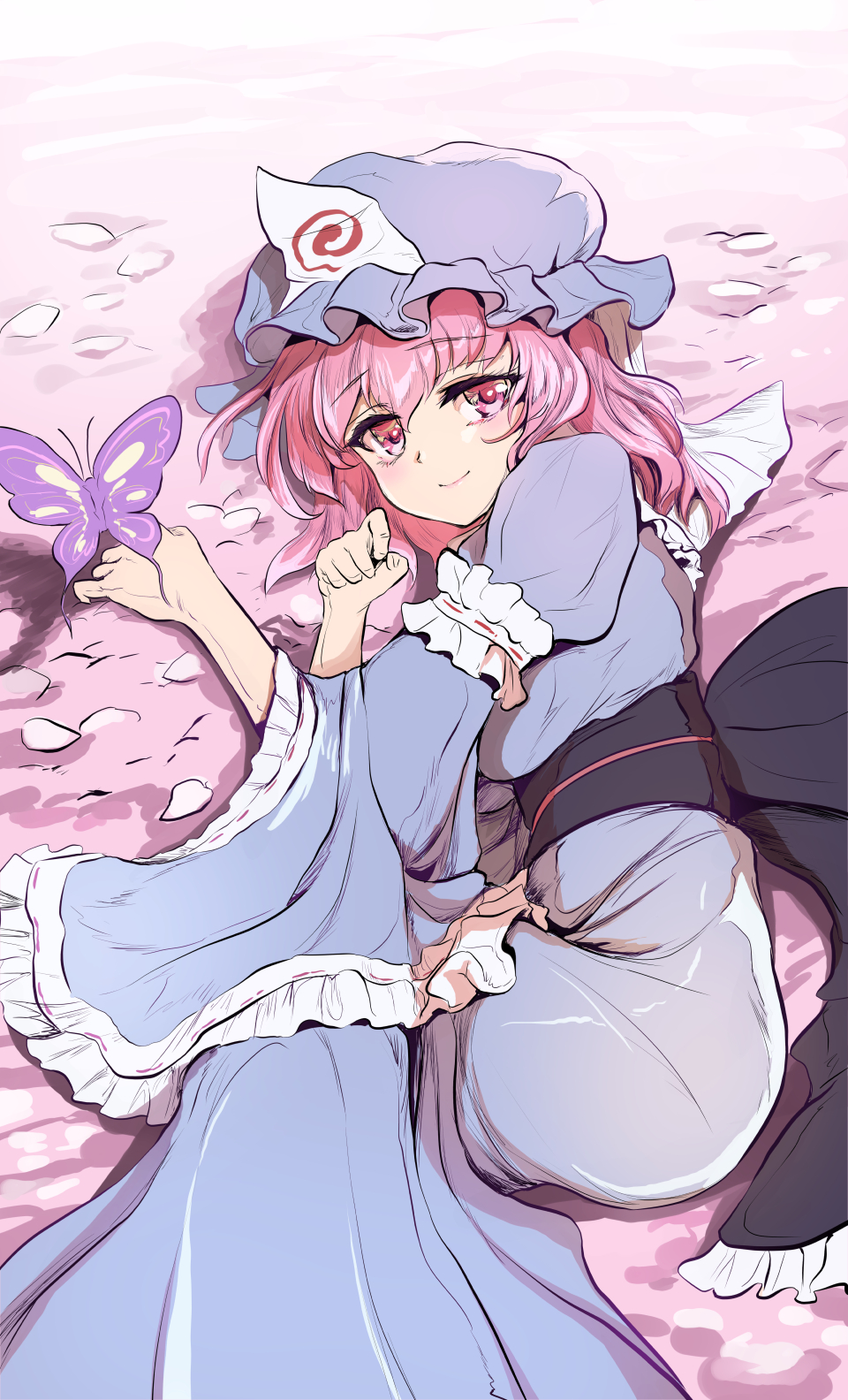 1girl blue_headwear blue_kimono bug butterfly cherry_blossoms hat highres japanese_clothes kimono looking_at_viewer mob_cap namiki_(remiter00) obi pink_eyes pink_hair saigyouji_yuyuko sash short_hair sleeve_garter smile touhou triangular_headpiece