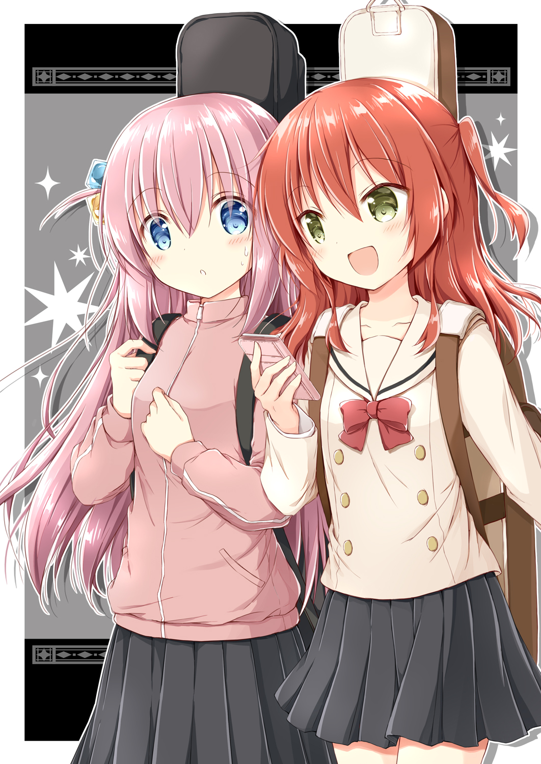 2girls :d :o black_skirt blue_eyes blush bocchi_the_rock! bow breasts cellphone commentary_request cube_hair_ornament drop_shadow gotoh_hitori green_eyes grey_background hair_between_eyes hair_ornament highres holding holding_phone instrument_case jacket kita_ikuyo long_hair long_sleeves multiple_girls nanase_miori one_side_up outline parted_lips phone pink_hair pink_jacket pleated_skirt puffy_long_sleeves puffy_sleeves red_bow red_hair sailor_collar shirt skirt small_breasts smile sweat track_jacket very_long_hair white_outline white_sailor_collar white_shirt