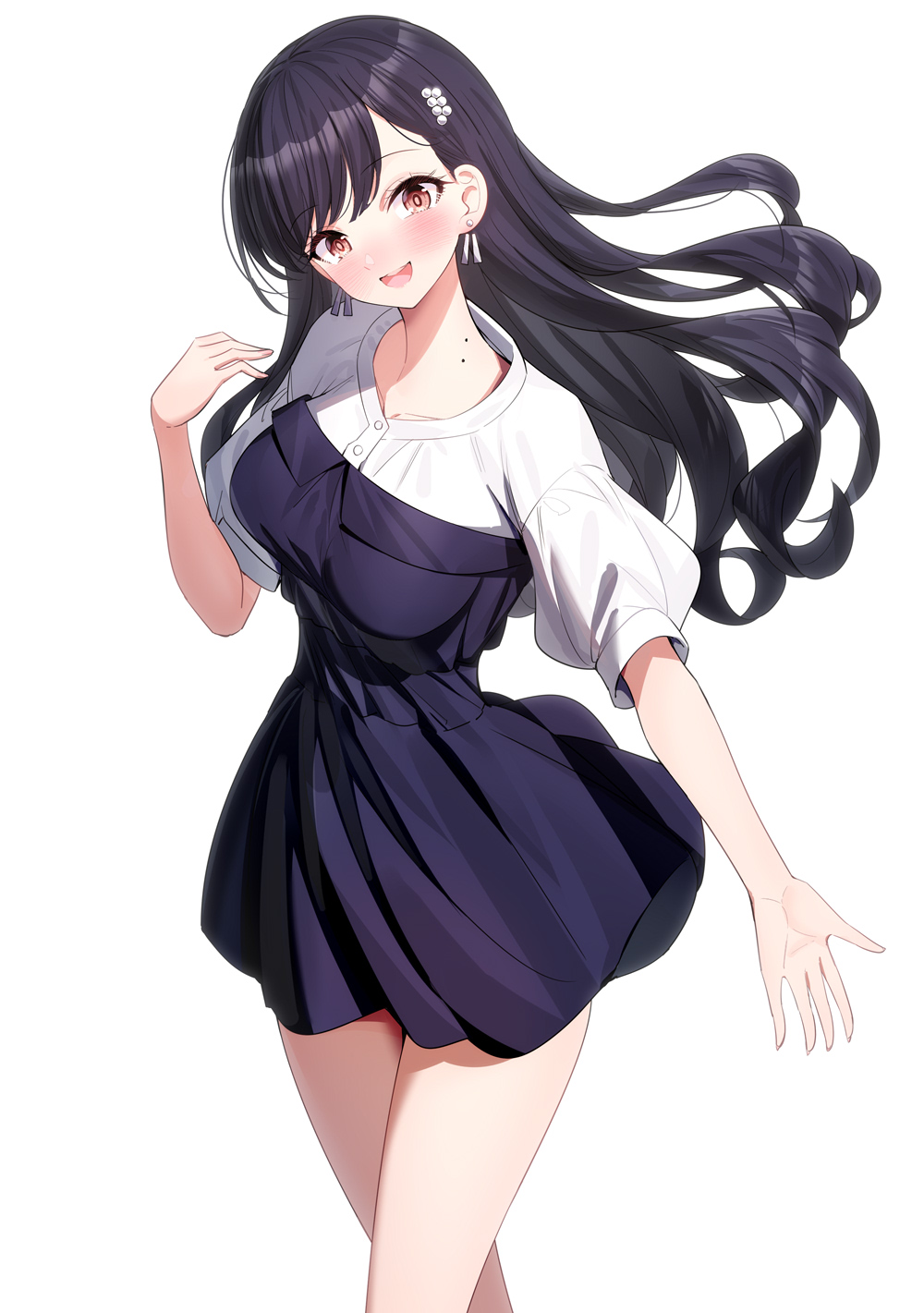 1girl :d black_dress black_hair blush boku_no_kokoro_no_yabai_yatsu breasts brown_eyes commentary dress head_tilt highres long_hair looking_at_viewer medium_breasts puffy_short_sleeves puffy_sleeves ririko_(zhuoyandesailaer) shirt short_sleeves simple_background smile solo standing very_long_hair white_background white_shirt yamada_anna