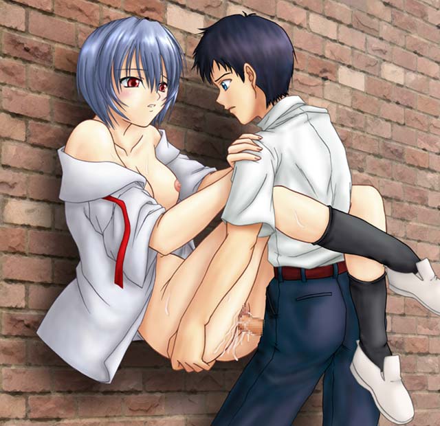 against_wall ayanami_rei blue_hair breasts censored footwear ikari_shinji leg_hug neon_genesis_evangelion open_clothes open_shirt partially_clothed penis pussy_juice red_eyes sex shirt short_hair socks suspension vaginal white_shirt