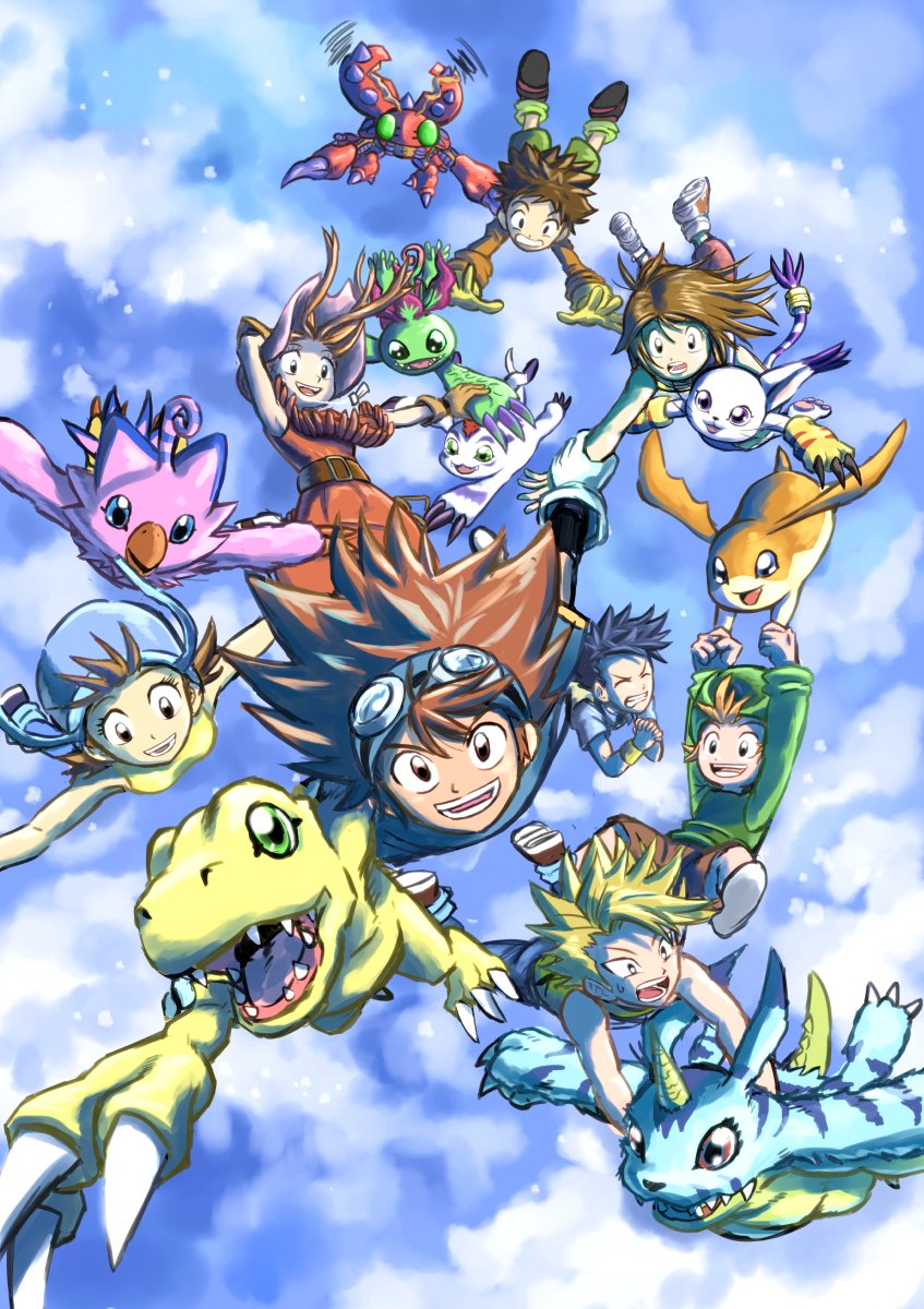 3girls 5boys :d agumon bird blonde_hair blue_hair brown_hair bug butterfly cat circle_formation cloud commentary_request computer copyright_name dated digimon digimon_(creature) digimon_adventure falling flying gabumon glasses glowing glowing_butterfly goggles goggles_on_head gomamon grass happy head_wings highres horns hug ishida_yamato izumi_koshiro kido_jo long_hair looking_at_viewer looking_down midair multiple_boys multiple_girls open_mouth outstretched_arms palmon patamon piyomon plant reptile short_hair single_horn sleeping smile spiked_hair spread_arms tachikawa_mimi tail tailmon takaishi_takeru takenouchi_sora takeuchi_(rtakeuchi1535) tentomon wings yagami_hikari yagami_taichi