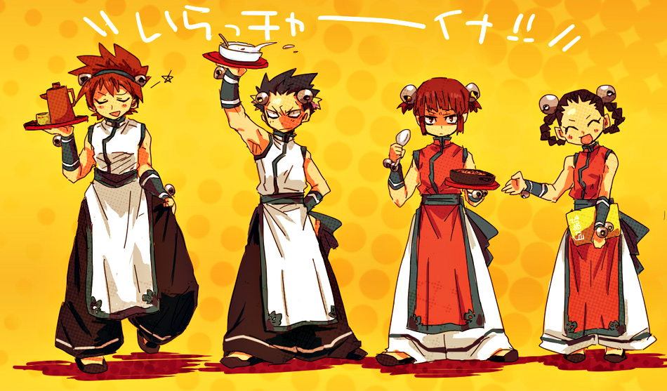 1girl 3boys alfred_(fatal_fury) alternate_color alternate_costume alternate_hairstyle bell black_hair blush brown_hair chinese_clothes crossdressing fatal_fury glaring hair_bell hair_ornament holding holding_spoon jin_chonrei jin_chonshu li_xiangfei multiple_boys saiko_(29iti) sleeveless smile spoon tray