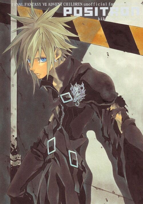 1boy armor artist_name black_pants black_vest blonde_hair blue_eyes cloud_strife concrete copyright_name cover cover_page doujin_cover earrings expressionless final_fantasy final_fantasy_vii final_fantasy_vii_advent_children foreshortening high_collar hoop_earrings injury jewelry kiki_lala lead_pipe looking_at_viewer male_focus outdoors outstretched_arm pants parted_lips pauldrons scan short_hair shoulder_armor shoulder_strap single_pauldron spiked_hair standing third-party_source torn_clothes torn_sleeve traditional_media upper_body vest