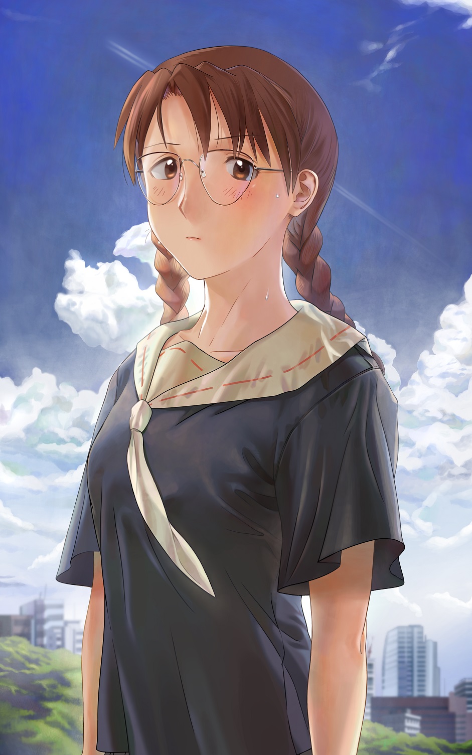 1girl aged_down alternate_costume alternate_hairstyle arms_at_sides azumanga_daioh black_serafuku black_shirt blue_sky blush braid breasts brown_eyes brown_hair city closed_mouth cloud contrail cumulonimbus_cloud day expressionless foliage glasses highres kozuehikaru long_hair looking_at_viewer mizuhara_koyomi neckerchief outdoors round_eyewear sailor_collar school_uniform serafuku shirt short_sleeves sky skyline small_breasts solo summer sweat twin_braids upper_body white_neckerchief white_sailor_collar