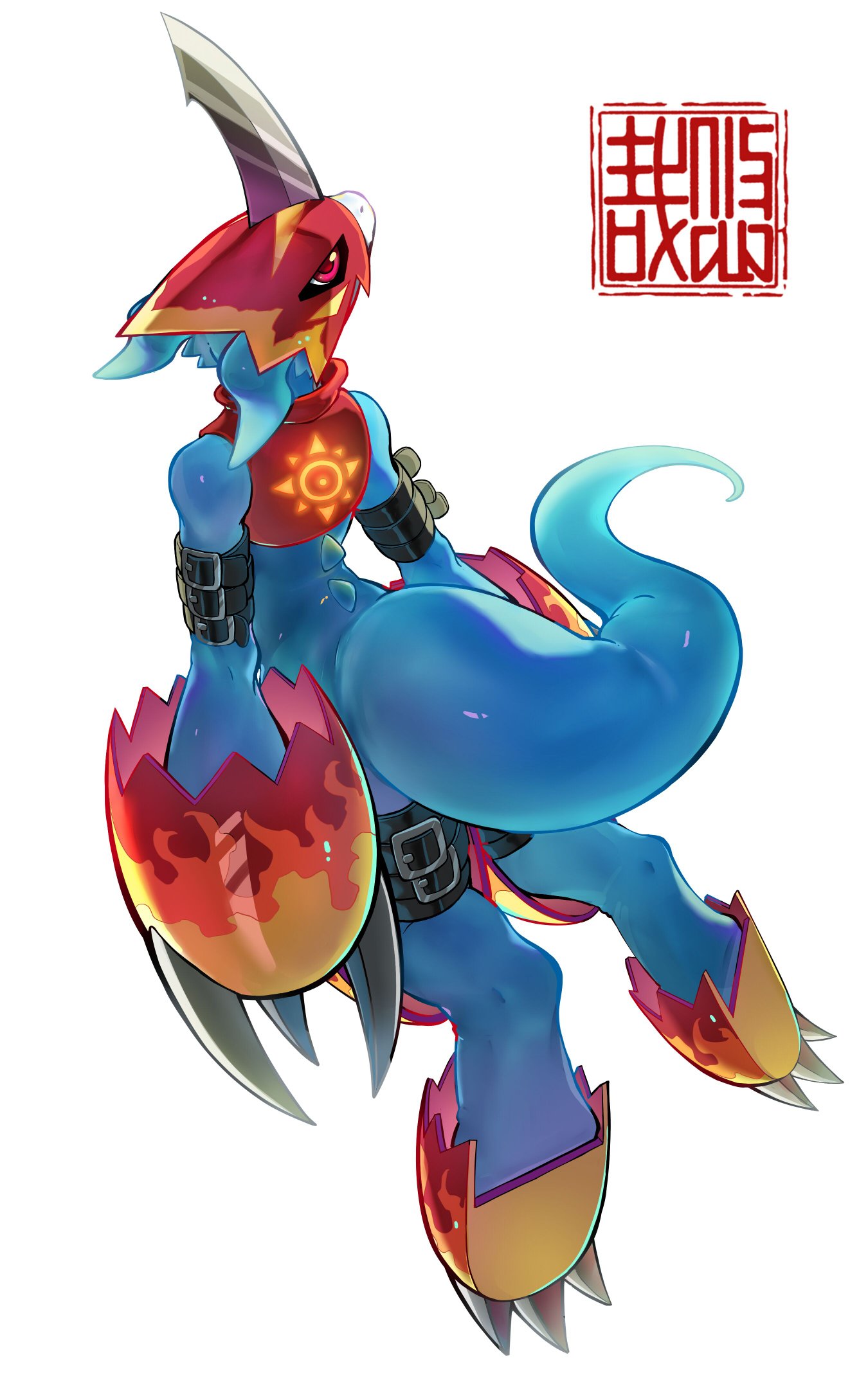 armor artist_logo blue_skin colored_skin digimon digimon_(creature) dragon emblem fladramon from_behind highres horns looking_to_the_side looking_up red_eyes simple_background single_horn tail white_background youzaiyouzai112