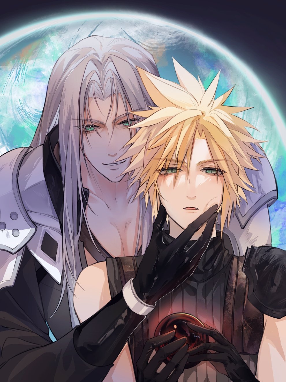 2boys armor ball black_coat black_gloves blonde_hair chest_strap cloud_strife coat final_fantasy final_fantasy_vii final_fantasy_vii_rebirth final_fantasy_vii_remake gloves green_eyes grey_hair hair_between_eyes half-closed_eyes hand_on_another's_chin highres holding holding_ball long_hair male_focus materia mikatsukikuroba multiple_boys parted_bangs parted_lips sephiroth short_hair shoulder_armor single_bare_shoulder single_shoulder_pad sleeveless sleeveless_turtleneck slit_pupils spiked_hair suspenders turtleneck upper_body yaoi