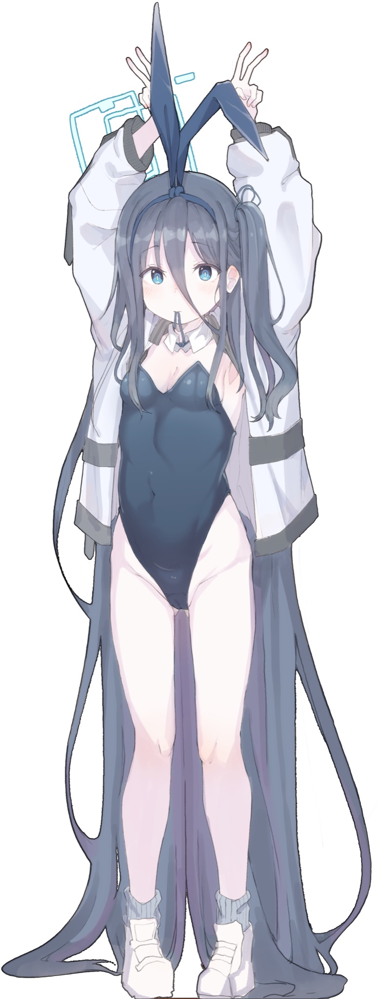 1girl absurdly_long_hair animal_ears aqua_halo aris_(blue_archive) armpit_peek armpits arms_up baggy_clothes bare_legs black_hair black_leotard blue_archive blue_eyes breasts cameltoe collar commentary covered_navel detached_collar double-parted_bangs double_v fake_animal_ears hair_between_eyes hair_tie hair_tie_in_mouth halo highleg highres jacket leotard long_hair long_hair_between_eyes long_sleeves looking_at_viewer mouth_hold one_side_up playboy_bunny rabbit_ears rectangular_halo ribbon ribbon_in_mouth ringed_eyes s10021 shoes simple_background small_breasts sneakers socks solo standing v very_long_hair white_background white_collar white_footwear white_jacket