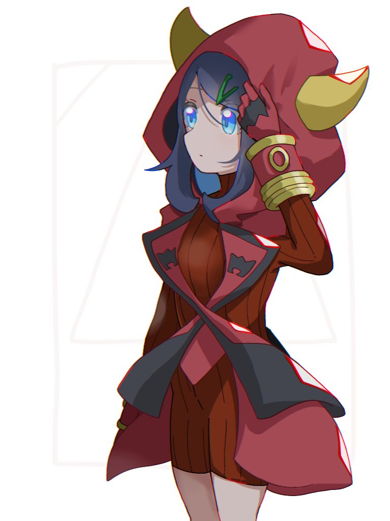 1girl black_hair blue_eyes cosplay courtney_(pokemon) courtney_(pokemon)_(cosplay) cowboy_shot dot_mouth dress facing_to_the_side fake_horns gloves hair_between_eyes hair_ornament hairclip holding_hood hood hood_up hooded_vest hoodie horned_hood horns liko_(pokemon) long_sleeves loose_hair_strand medium_hair pokemon pokemon_(anime) pokemon_horizons pokemon_oras red_dress red_gloves red_hood ribbed_dress seiun_(hoshigumo_72) solo sweater sweater_dress turtleneck_dress vest white_background