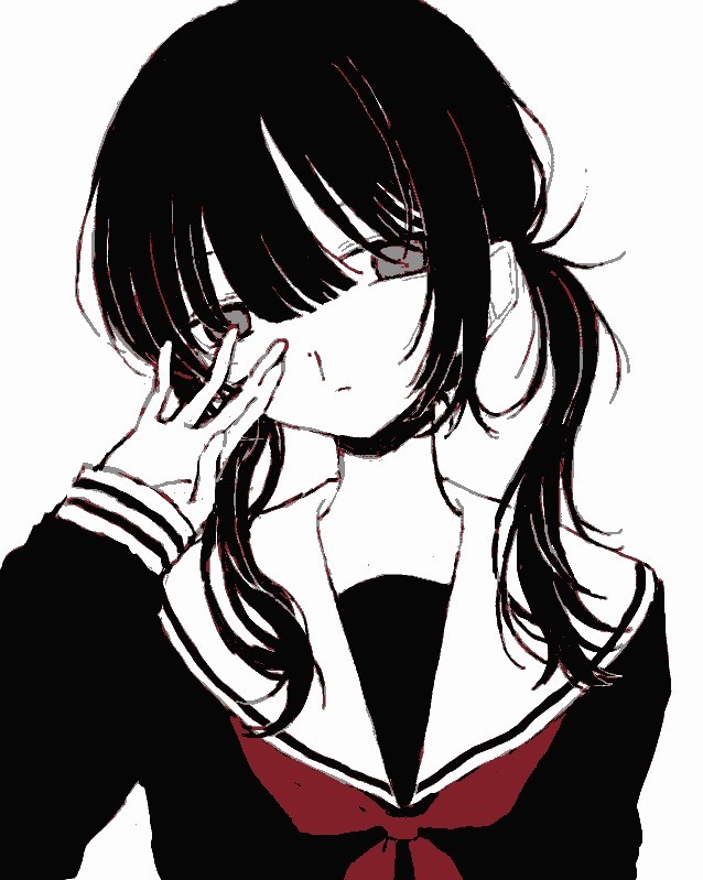 1girl blood closed_mouth empty_eyes expressionless hair_between_eyes hand_up limited_palette long_hair looking_at_viewer low_twintails neckerchief noroi_(rnatataki) nosebleed original red_neckerchief sailor_collar school_uniform serafuku shirt simple_background sleeves_past_wrists solo twintails upper_body