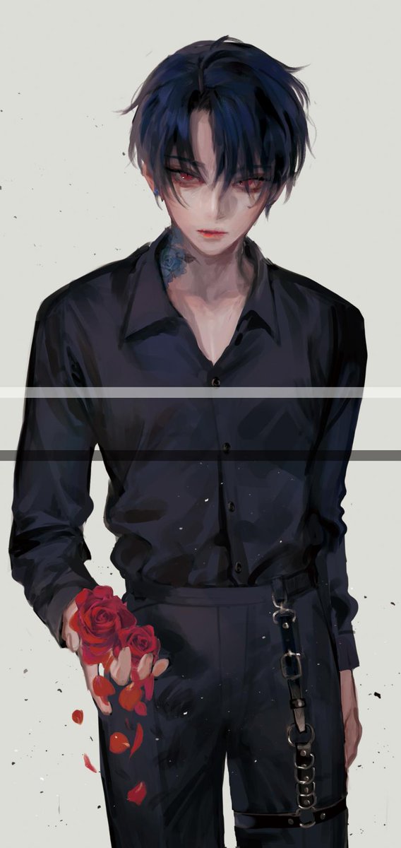 1boy akatsuki_no_yona black_pants black_shirt blue_hair chain closed_mouth collared_shirt commentary_request cowboy_shot falling_petals flower grey_background hair_between_eyes hak_(akatsuki_no_yona) highres holding korean_commentary looking_at_viewer male_focus neck_tattoo o-ring pants petals red_eyes red_flower red_rose rose shirt short_hair simple_background solo tattoo yona_hyeon