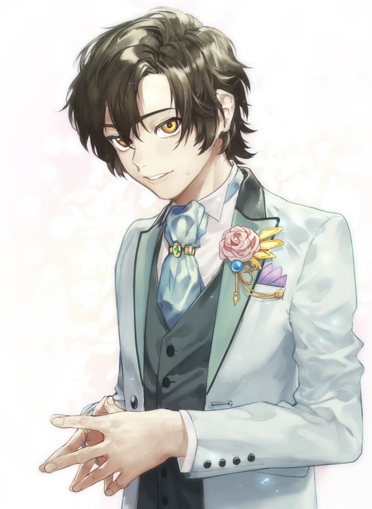 1boy ascot black_hair black_vest blue_ascot brown_eyes collared_shirt fingernails flower formal jacket jude_mathis looking_at_viewer male_focus own_hands_together parted_lips pink_flower pink_rose pon52io rose shirt short_hair solo tales_of_(series) tales_of_xillia vest white_background white_jacket white_shirt