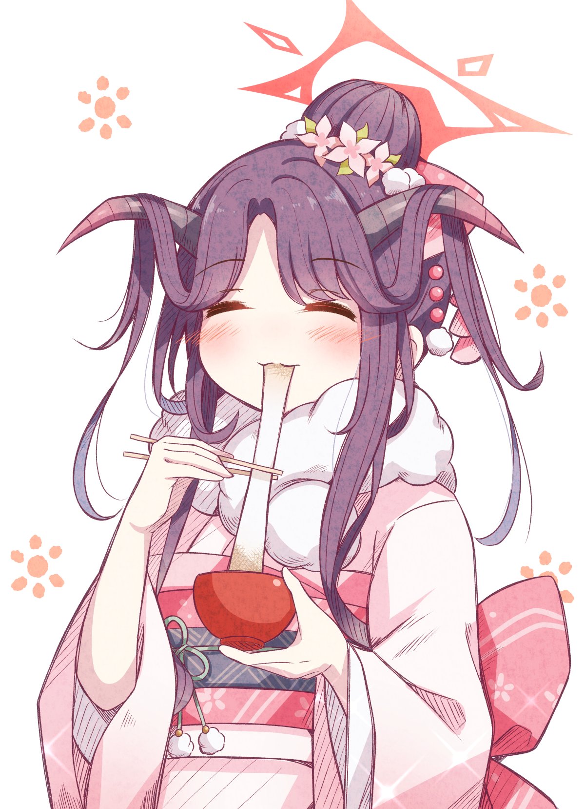 1girl black_hair blue_archive bowl chopsticks closed_mouth demon_horns eating facing_viewer flower food fur-trimmed_kimono fur_trim fuuka_(blue_archive) fuuka_(new_year)_(blue_archive) gradient_kimono hair_bun hair_flower hair_on_horn hair_ornament halo highres holding holding_bowl holding_chopsticks horns japanese_clothes karikura_(atatata71) kimono long_hair long_sleeves mochi obi official_alternate_costume pink_flower pink_kimono pink_sash red_halo sash simple_background solo upper_body white_background wide_sleeves yakimochi