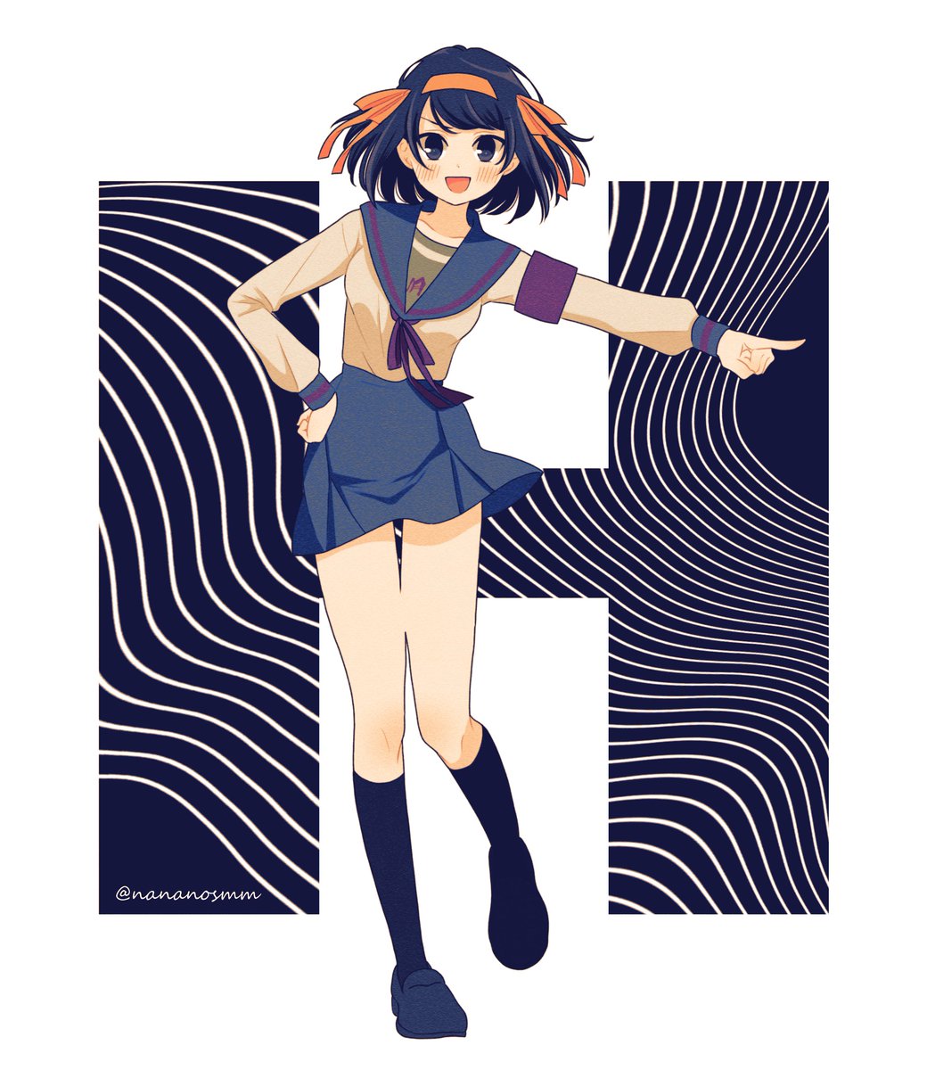 1girl :d artist_name black_background black_eyes black_footwear black_hair black_socks blue_sailor_collar blue_skirt blush bob_cut breasts commentary dancing dress_shirt full_body h hair_ribbon hair_spread_out hairband hand_on_own_hip hare_hare_yukai highres initial kita_high_school_uniform kneehighs loafers long_sleeves messy_hair nananosmm neck_ribbon open_mouth outstretched_arm pointing purple_armband purple_ribbon ribbon sailor_collar school_uniform serafuku shirt shoes short_hair signature skirt small_breasts smile socks suzumiya_haruhi suzumiya_haruhi_no_yuuutsu twitter_username white_background white_shirt winter_uniform yellow_hairband yellow_ribbon