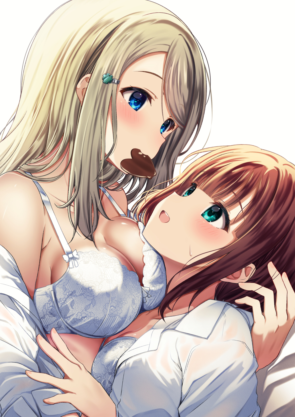 2girls arm_behind_back ayase_alisa blonde_hair blue_eyes blunt_bangs blush bra breasts brown_hair candy chocolate collarbone dress_shirt eye_contact food food_in_mouth green_eyes hair_ornament hairclip heart heart-shaped_chocolate highres holding holding_chocolate holding_food kosaka_yukiho large_breasts long_hair long_sleeves looking_at_another love_live! love_live!_school_idol_project mad_(hazukiken) medium_breasts mouth_hold multiple_girls open_clothes open_mouth open_shirt parted_bangs see-through see-through_shirt shirt short_hair simple_background sweatdrop sweaty_clothes underwear unworn_shirt white_background white_bra white_shirt yuri