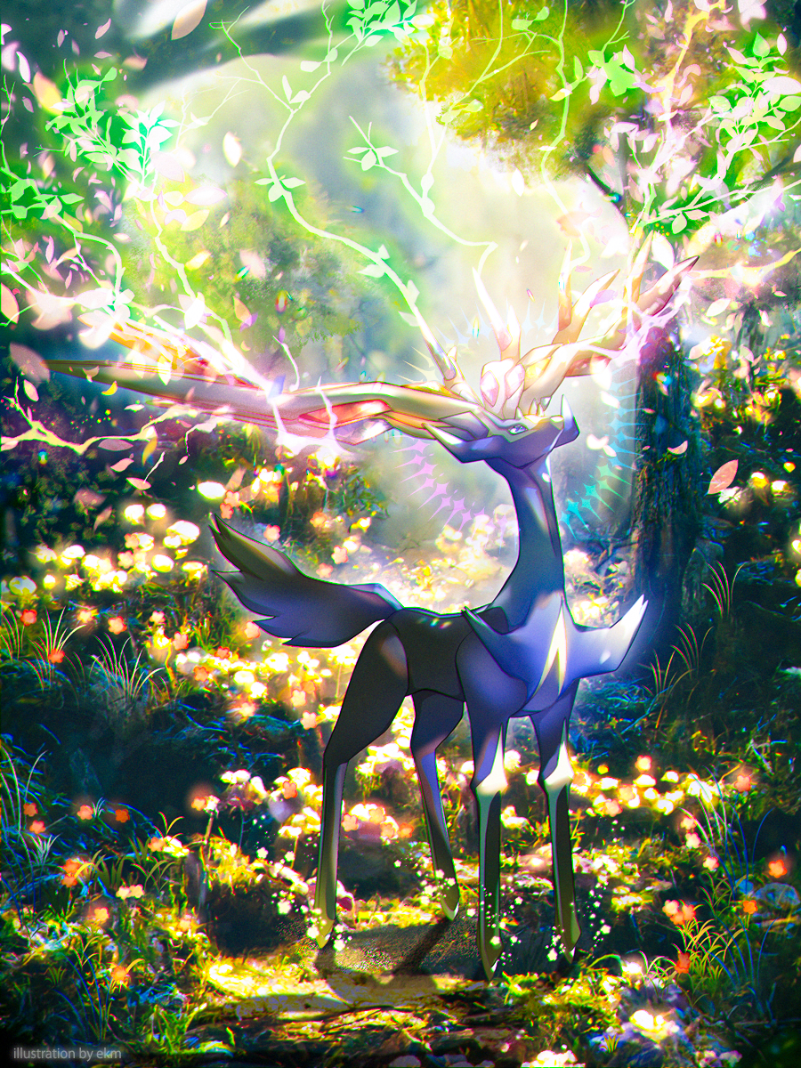 artist_name blue_eyes blurry commentary_request day ekm flower full_body glowing highres looking_up no_humans outdoors pokemon pokemon_(creature) standing watermark xerneas