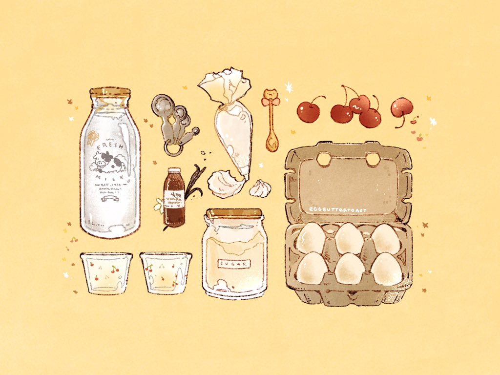 artist_name cherry commentary cup egg egg_carton english_commentary english_text food food_focus fruit heart icing jar keyring measuring_spoon milk nao_(bestrollever) object_focus original pipette simple_background sparkle spoon star_(symbol) sugar_(food) vanilla vanilla_extract yellow_background