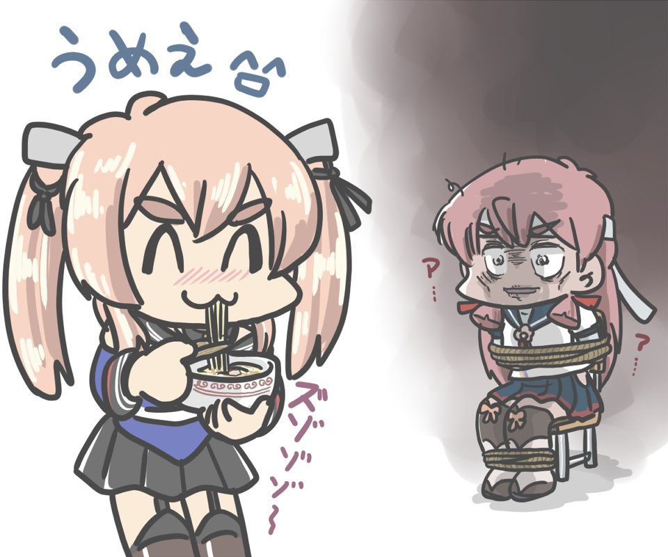 2girls akashi_(kancolle) alternate_hairstyle black_sailor_collar black_skirt blue_sailor_collar blue_shirt blue_skirt blunt_tresses boots bound brown_thighhighs chair chopsticks commentary_request eating ferret-san food hair_ribbon headband hip_vent johnston_(kancolle) kantai_collection light_brown_hair long_hair multiple_girls noodles pink_hair pleated_skirt ramen ribbon sailor_collar school_uniform serafuku shirt sitting skirt thigh_boots thighhighs tied_up_(nonsexual) tress_ribbon twintails v-shaped_eyebrows white_headband white_shirt