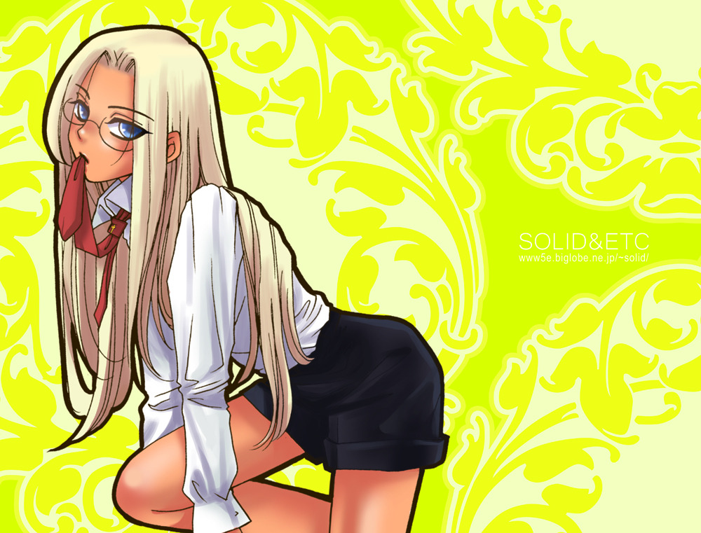 1girl artist_name bent_over black_shorts blonde_hair blue_eyes dark-skinned_female dark_skin eyes_visible_through_hair hellsing integra_hellsing long_hair mouth_hold necktie red_necktie shirt short_shorts shorts solo standing standing_on_one_leg toshimichi_yukari web_address white_shirt yellow_background