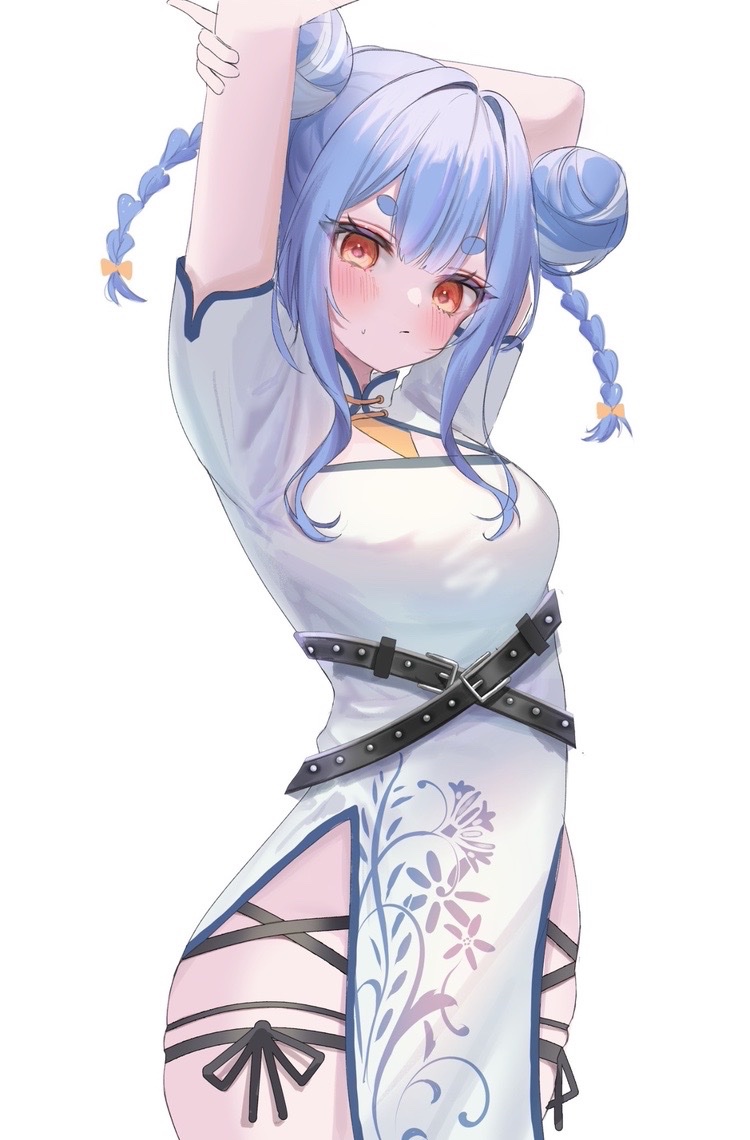 1girl :/ arms_up black_ribbon blue_hair blush braid breasts china_dress chinese_clothes closed_mouth collared_dress cowboy_shot double_bun dress floral_print hair_bun hand_on_own_arm hololive large_breasts looking_at_viewer multicolored_hair nikoge_(25ge_dayo) pelvic_curtain print_dress red_eyes ribbon short_sleeves short_twintails side_slit simple_background solo stretching thigh_strap twin_braids twintails two-tone_hair usada_pekora virtual_youtuber white_background white_dress white_hair