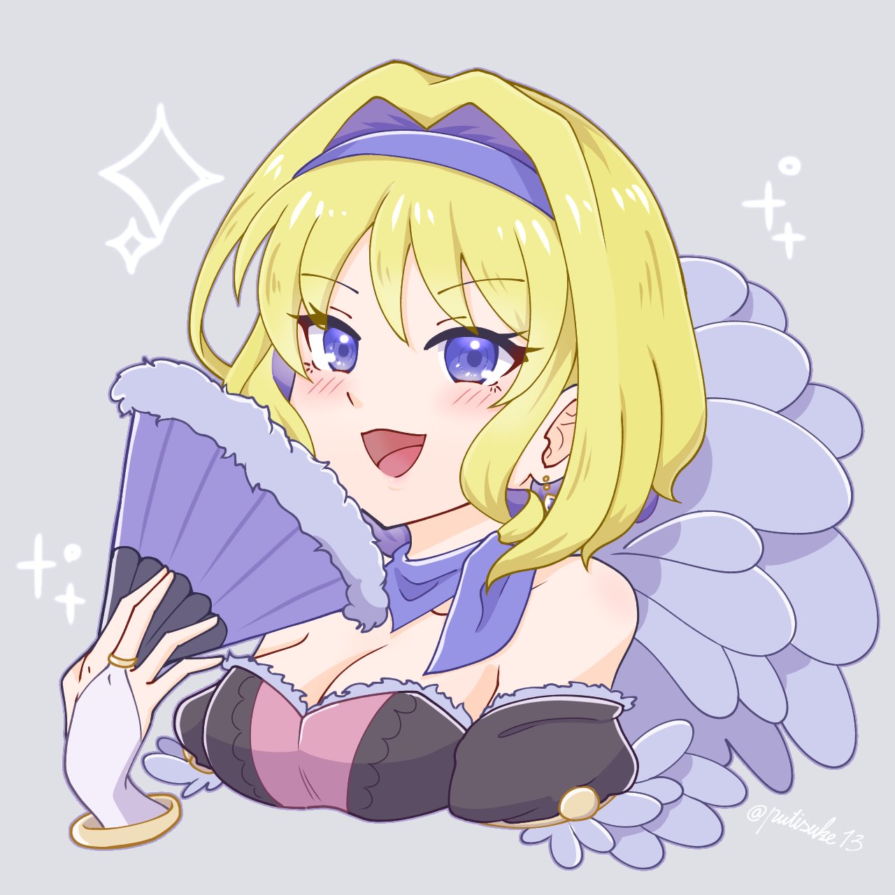 1girl bare_shoulders blonde_hair blue_choker blue_eyes blue_hairband bracelet breasts bridal_gauntlets choker cleavage commentary_request constance_von_nuvelle cropped_torso dress earrings fire_emblem fire_emblem:_three_houses fire_emblem_warriors:_three_hopes folding_fan grey_background hair_intakes hairband hand_fan highres holding holding_fan jewelry off-shoulder_dress off_shoulder official_alternate_costume official_alternate_hairstyle putisuke_(putisuke13) short_hair small_breasts solo upper_body