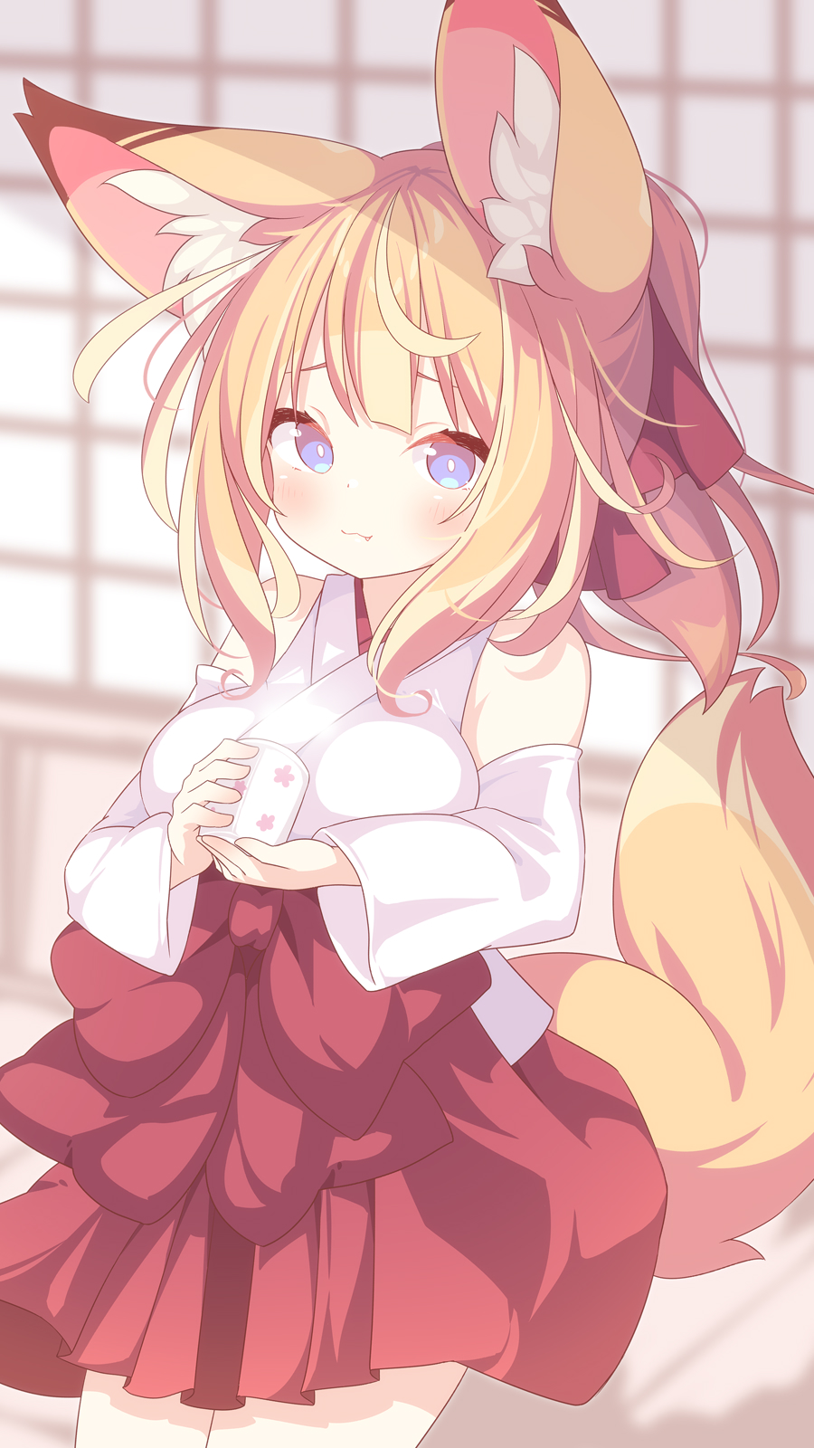 1girl animal_ear_fluff animal_ears bare_shoulders blonde_hair blue_eyes blush breasts closed_mouth commentary_request cowboy_shot cup daidai_ookami detached_sleeves fang fox_ears fox_girl fox_tail hakama highres holding holding_cup japanese_clothes long_hair looking_at_viewer medium_breasts miko original red_hakama solo tail white_sleeves