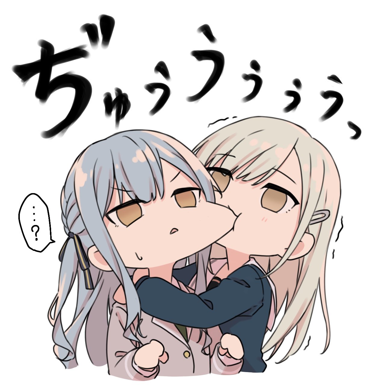 2girls bang_dream! bang_dream!_it's_mygo!!!!! biting blazer blue_hair blue_ribbon blue_shirt cheek_biting commentary cropped_torso green_hair green_necktie grey_jacket hair_ornament hair_ribbon hairclip haneoka_school_uniform highres jacket jitome long_hair long_sleeves multiple_girls necktie ribbon sailor_collar school_uniform shirt sidelocks simple_background sou_(user_hgyh8775) speech_bubble sweatdrop togawa_sakiko translation_request triangle_mouth tsukinomori_school_uniform two_side_up upper_body wakaba_mutsumi white_background white_sailor_collar